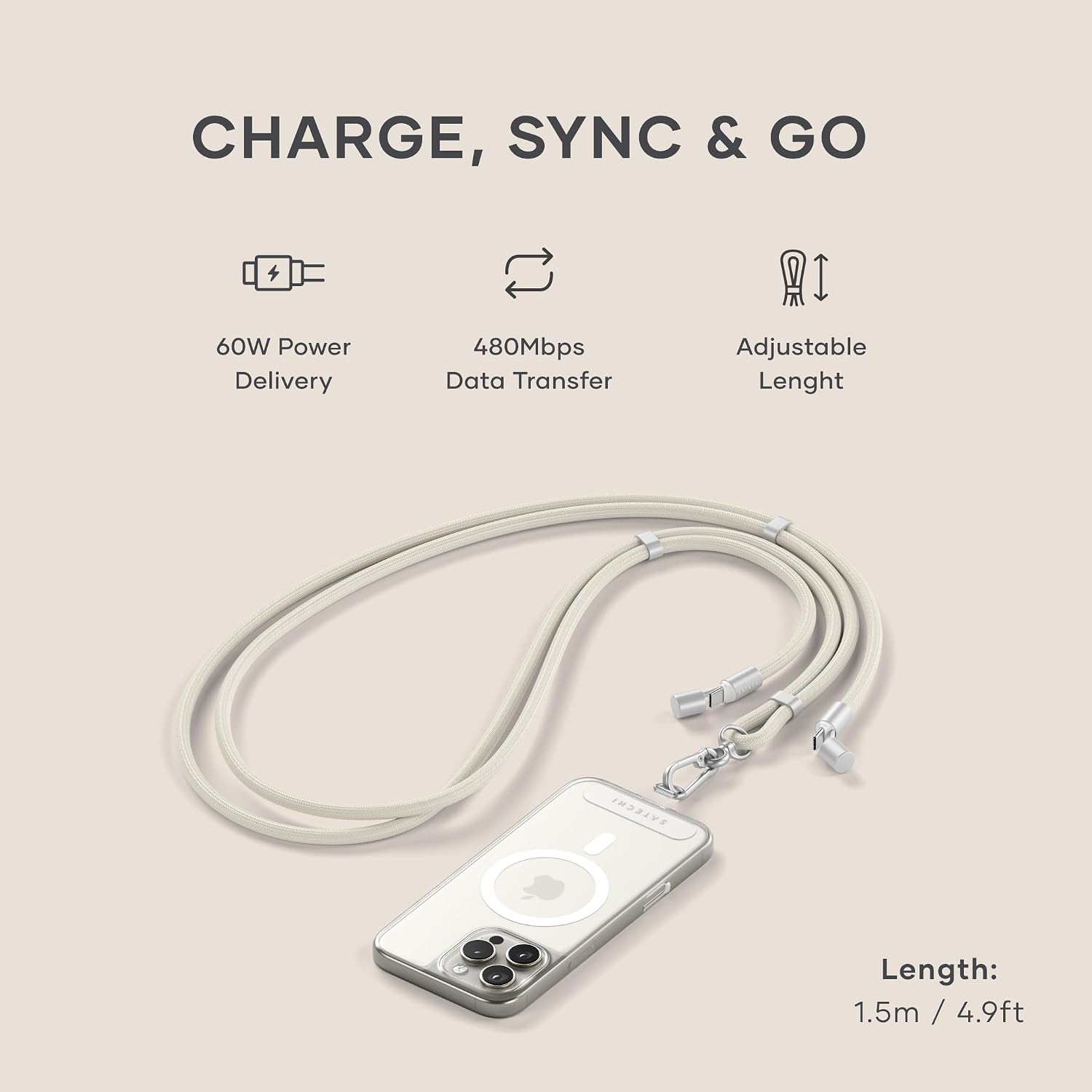 Detalle de Satechi OntheGo™ Cordon Téléphone USB‑C (60W) avec câble tressé 1,5 m et transfert jusqu’à 480Mbps – Beige