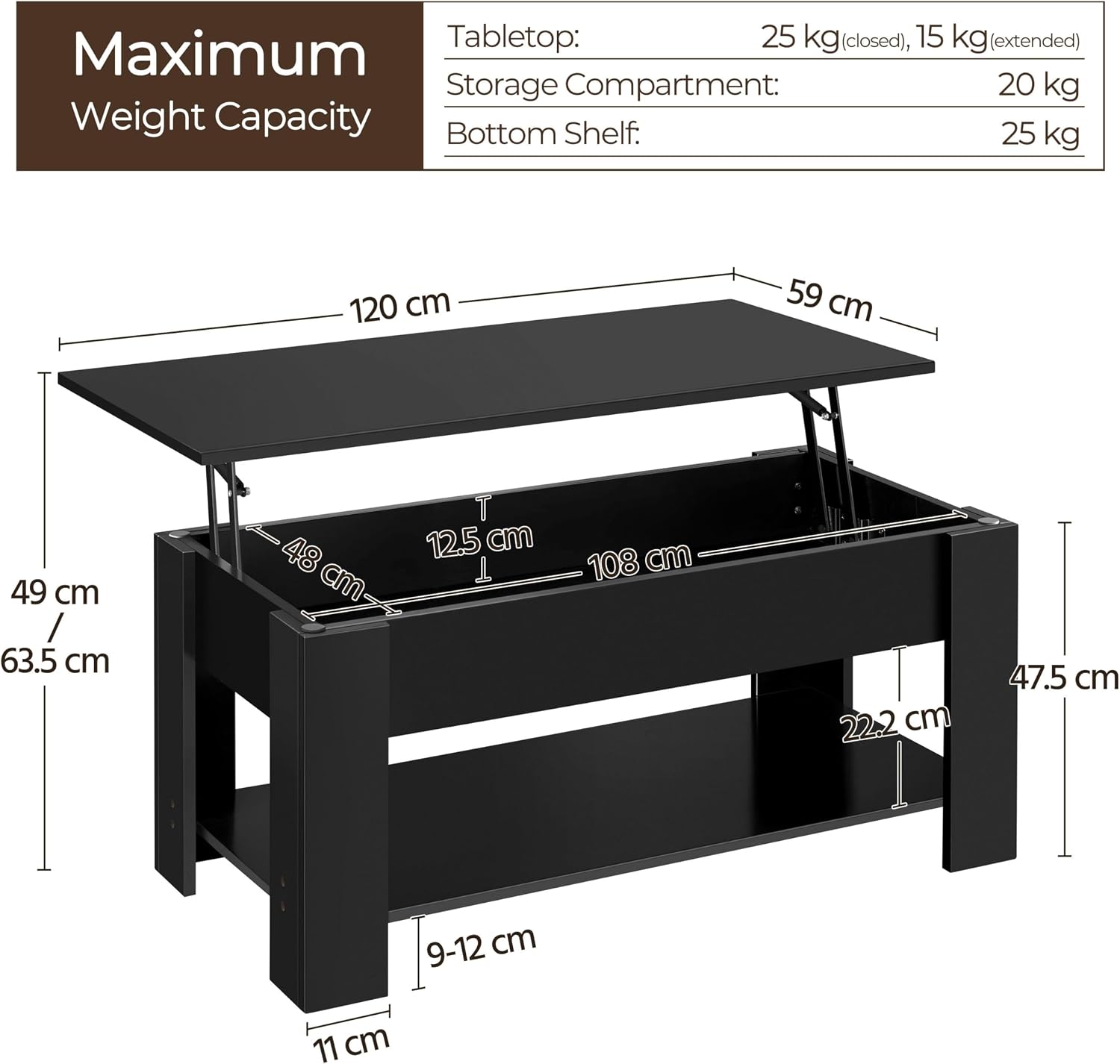 Detalle de Yaheetech Tavolino Sollevabile da Salotto con Ripiano Tavolino da Caffè con Portariviste – Nero, 120 x 60 x 49,5–62,5 cm