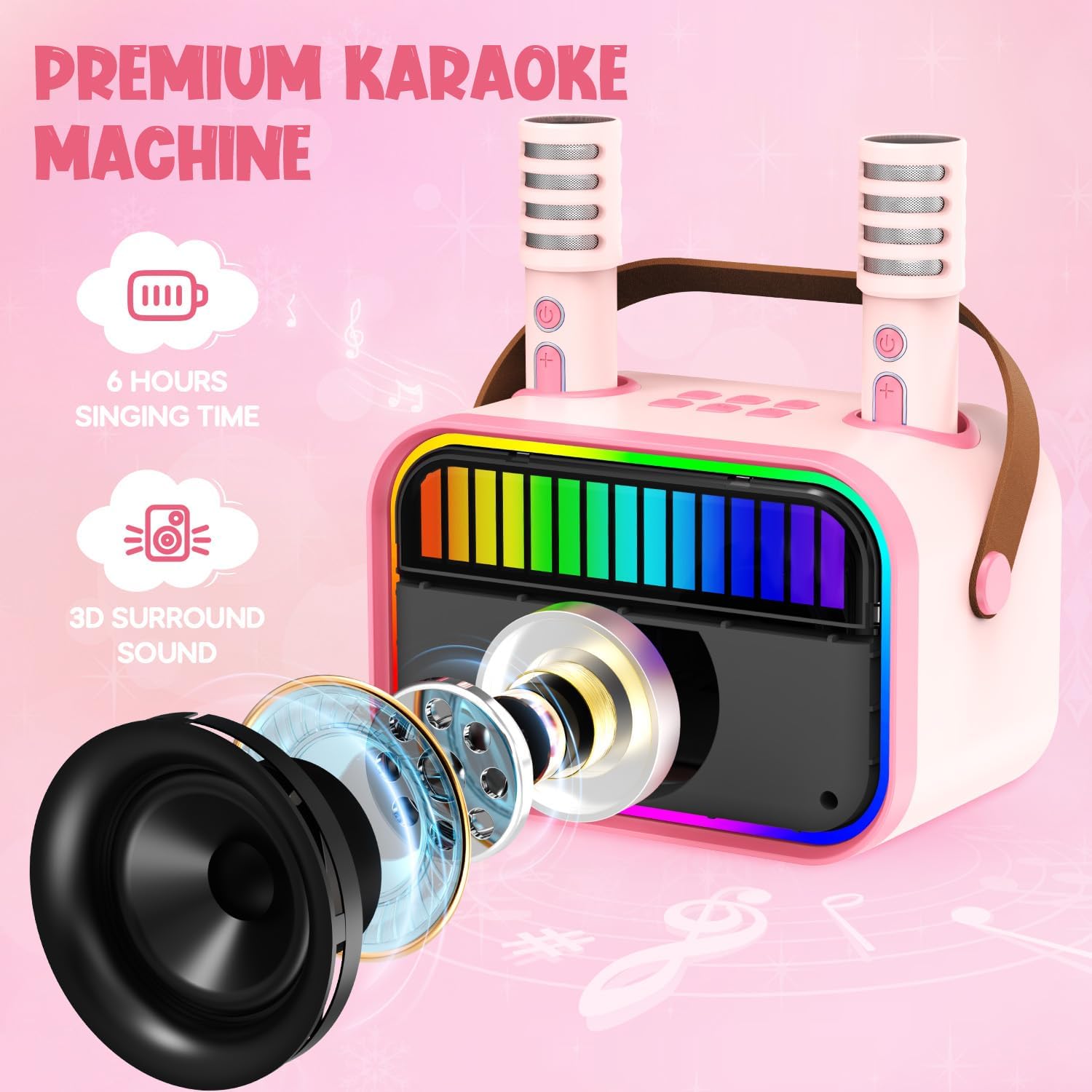 Thumbnail 1 de Ankuka Kids & Adults Karaoke Machine with Bluetooth Speaker and 2 Wireless Microphones (Pink)
