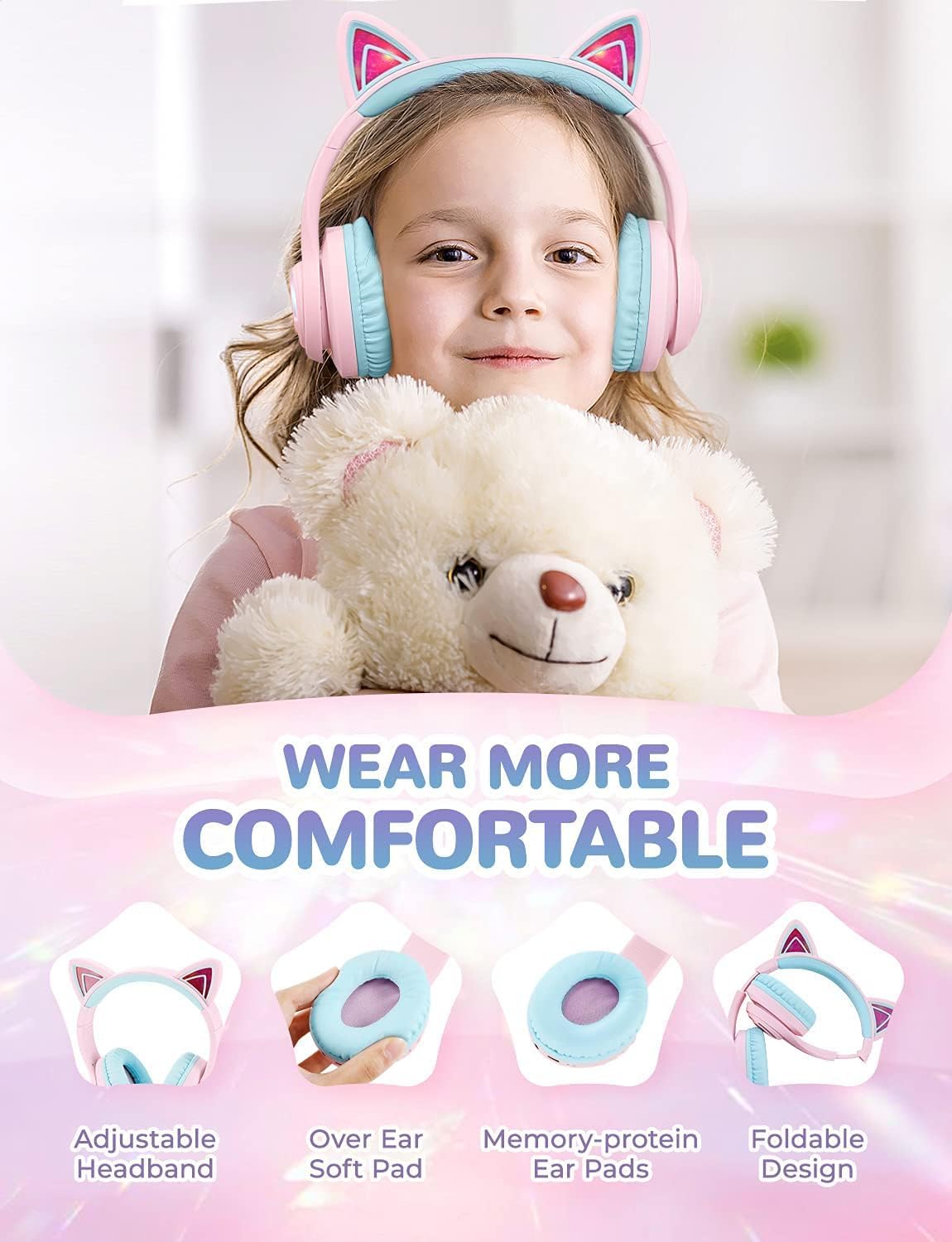 Detalle 2 de iClever Bluetooth Kopfhörer Kinder mit Katzenohr-LED, MIC und 3,5-mm-Kabel (BTH13, 50 Std. Spielzeit)