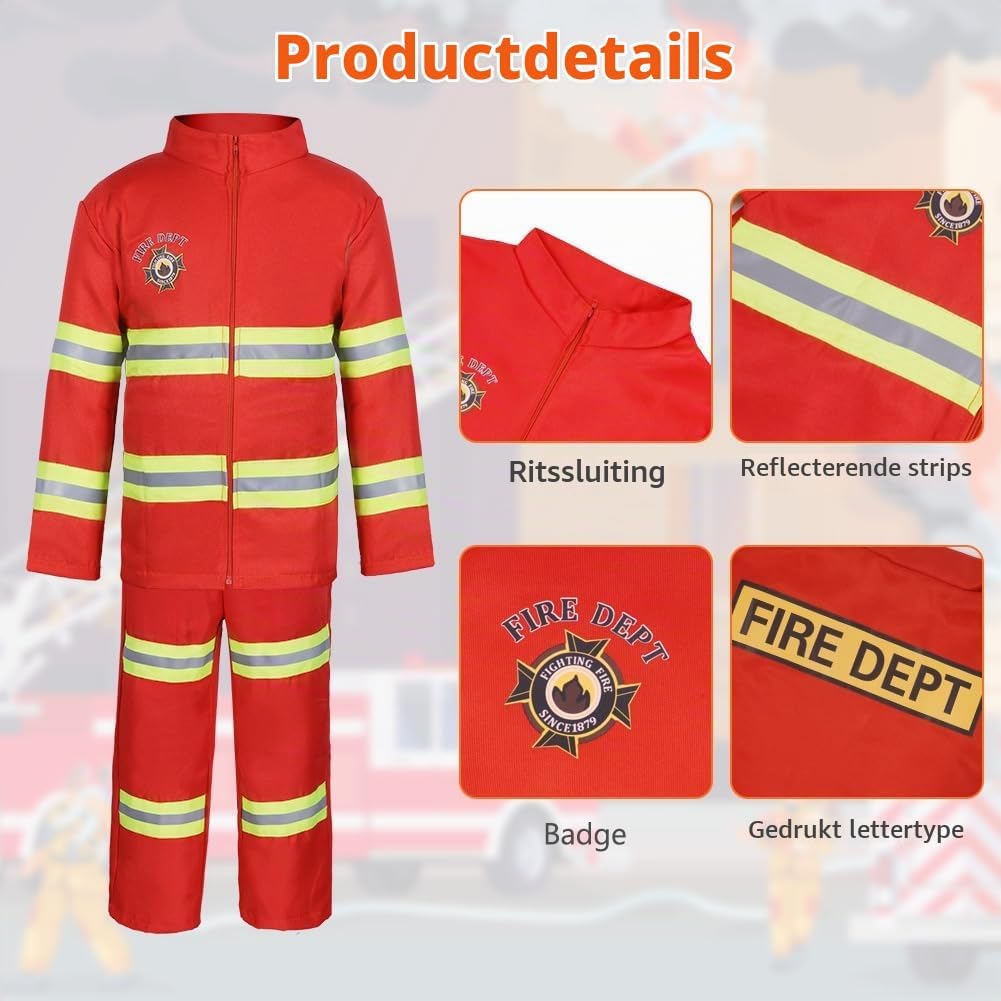 Detalle de AYBUY brandweerkostuum voor kinderen met accessoires, polyester en rood-oranje