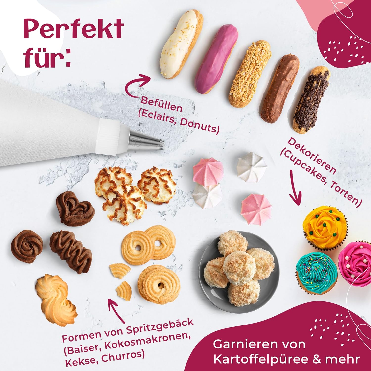 Thumbnail 5 de Happy Lemuro Premium Spritzbeutel mit Tüllen (11-teilig) – 8 große Spritztüllen mit Baumwoll-Spritzsack, spülmaschinenfest