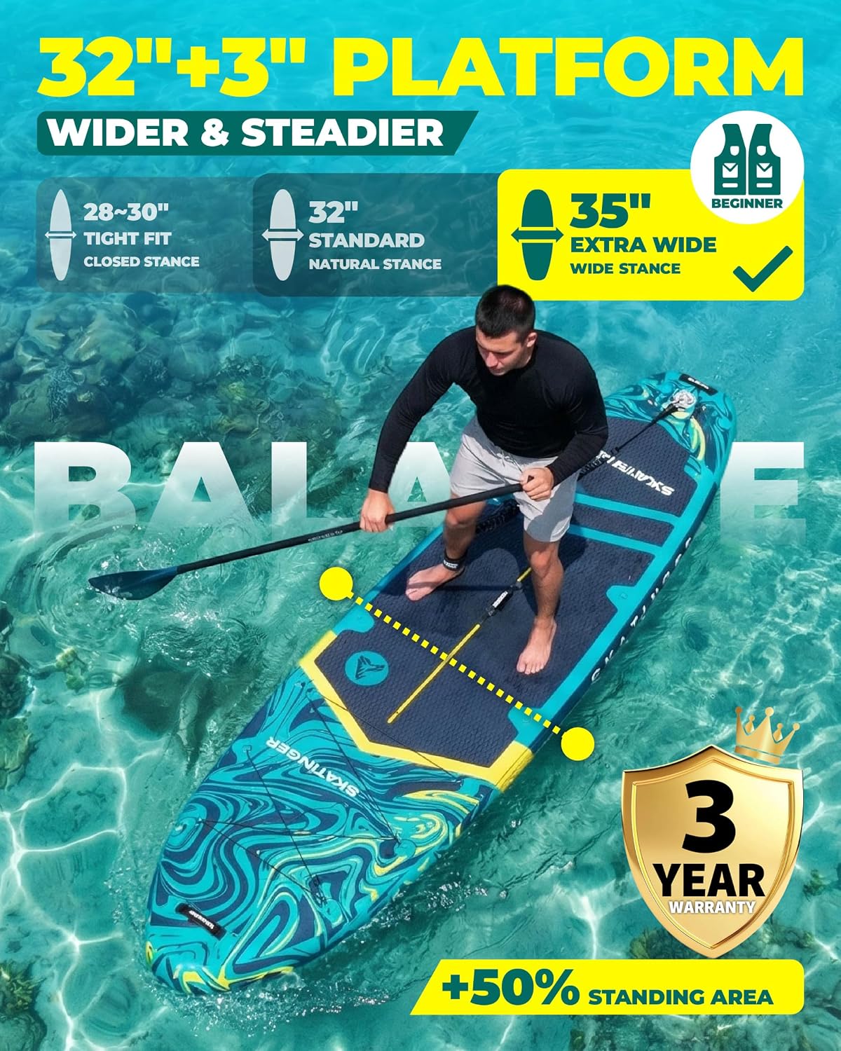 Detalle de Skatinger 11'6×35" Super Wide Inflatable Paddle Board — Ultra Stable, 450 lb Capacity