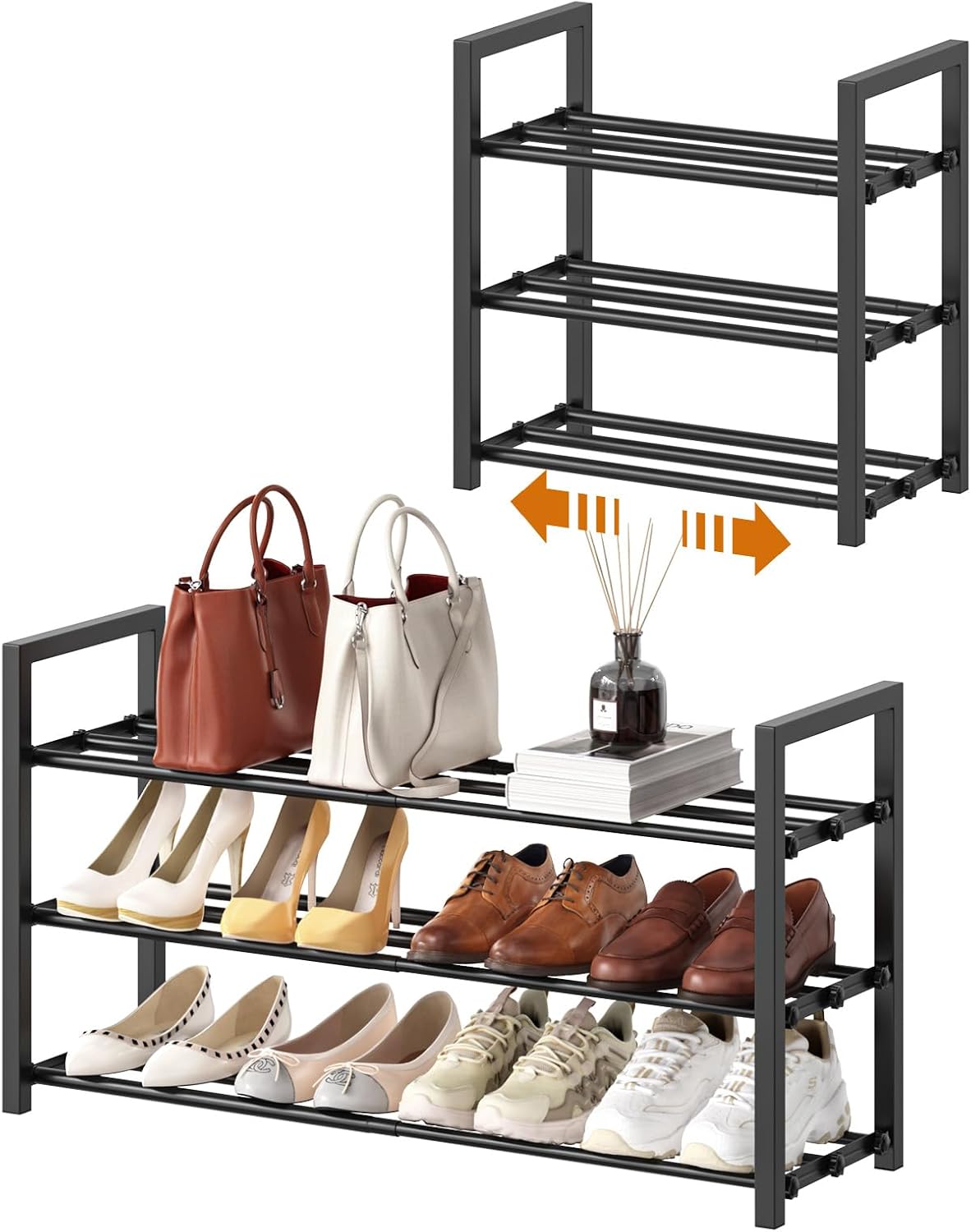 Detalle de Roylvan Shoe Rack 3-Tier Expandable Metal Shoe Rack, 17"–31", Black