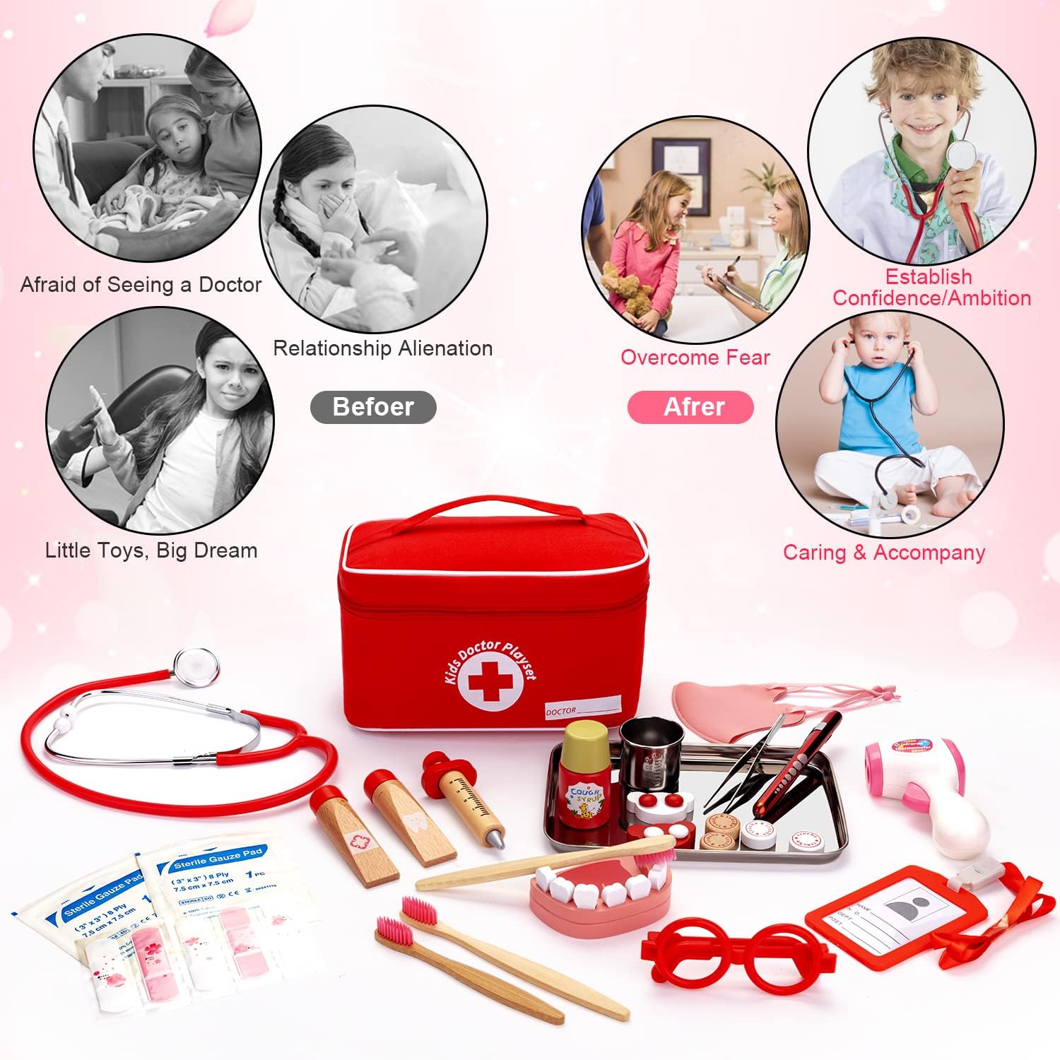 Thumbnail 5 de Sundaymot Doctors Set for Kids: 32-Piece Wooden Role Play Case with Real Stethoscope and Dentist Kit