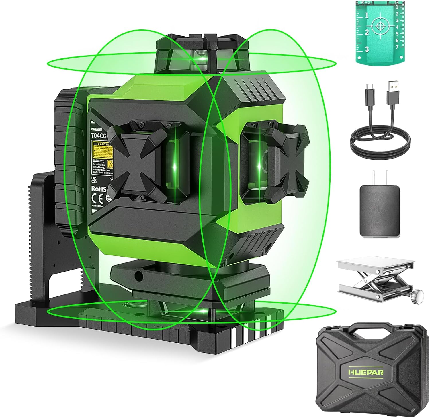 Detalle de Huepar 704CG 4x360 Kreuzlinienlaser (grün) – selbstnivellierend mit 16 Linien und Akku (USB-C)