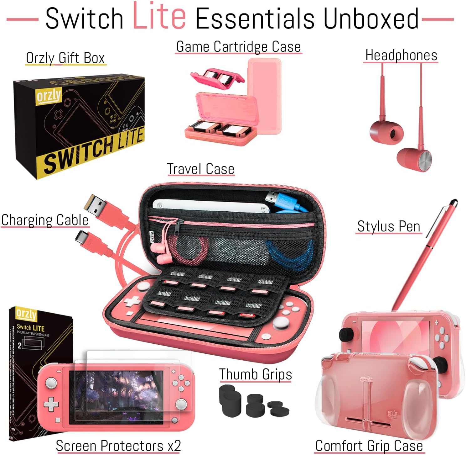 Detalle de Orzly Switch Lite accessories bundle, coral