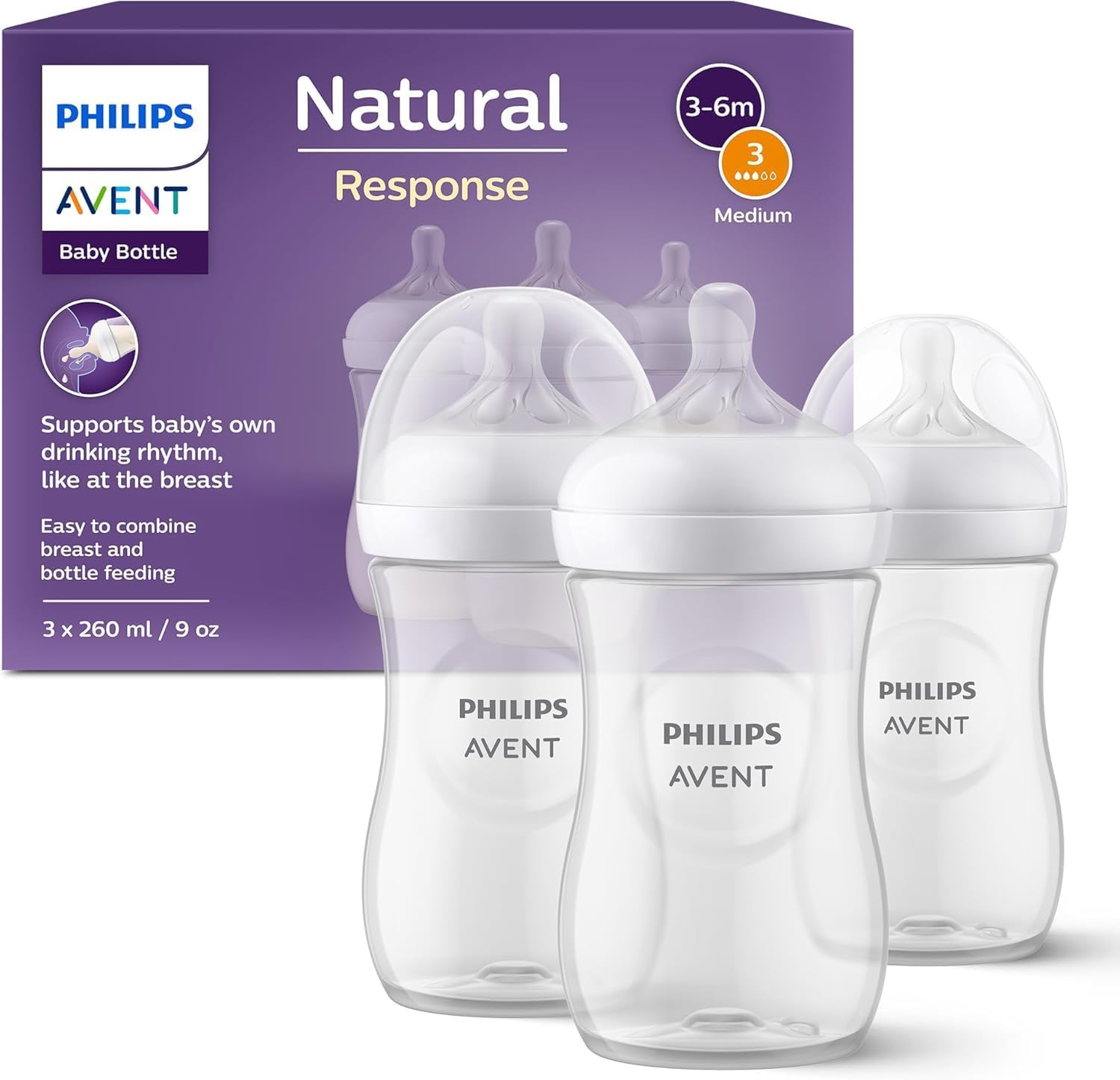 Detalle de Philips Avent Biberon Natural Response SCY903/03 – set da 3 biberon 260 ml per neonati 3–6 mesi