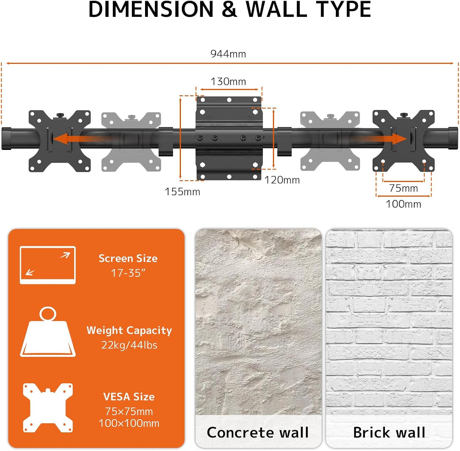 Thumbnail 4 de PUTORSEN Dual Monitorhalterung Wand & Adapter – bis zu 35 Zoll pro Bildschirm, 10 kg je Arm (VESA 75/100)