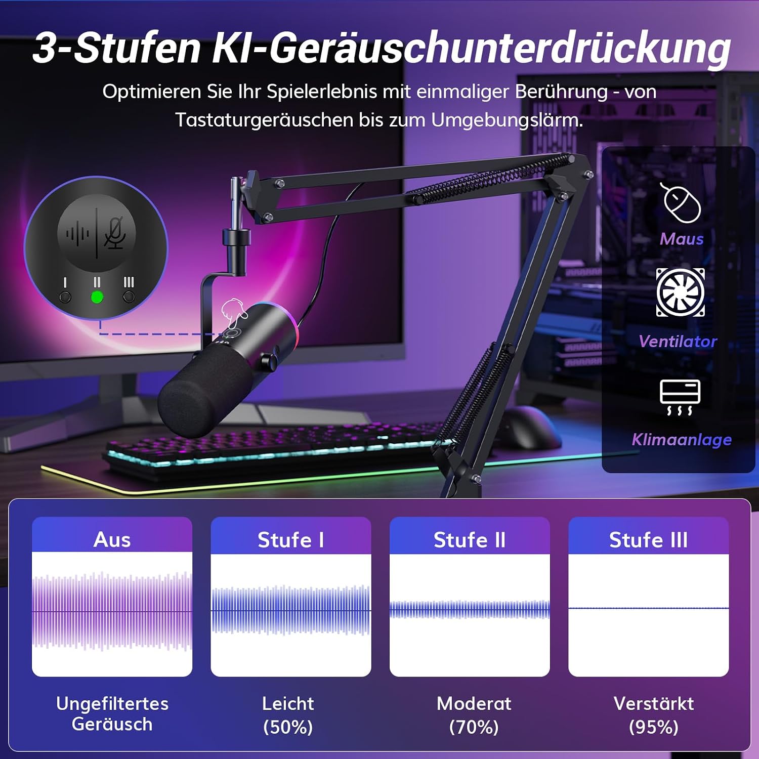 Detalle 2 de TONOR Dynamisches Gaming-Mikrofon: USB/XLR-Kombi mit KI-Geräuschunterdrückung und RGB-Beleuchtung