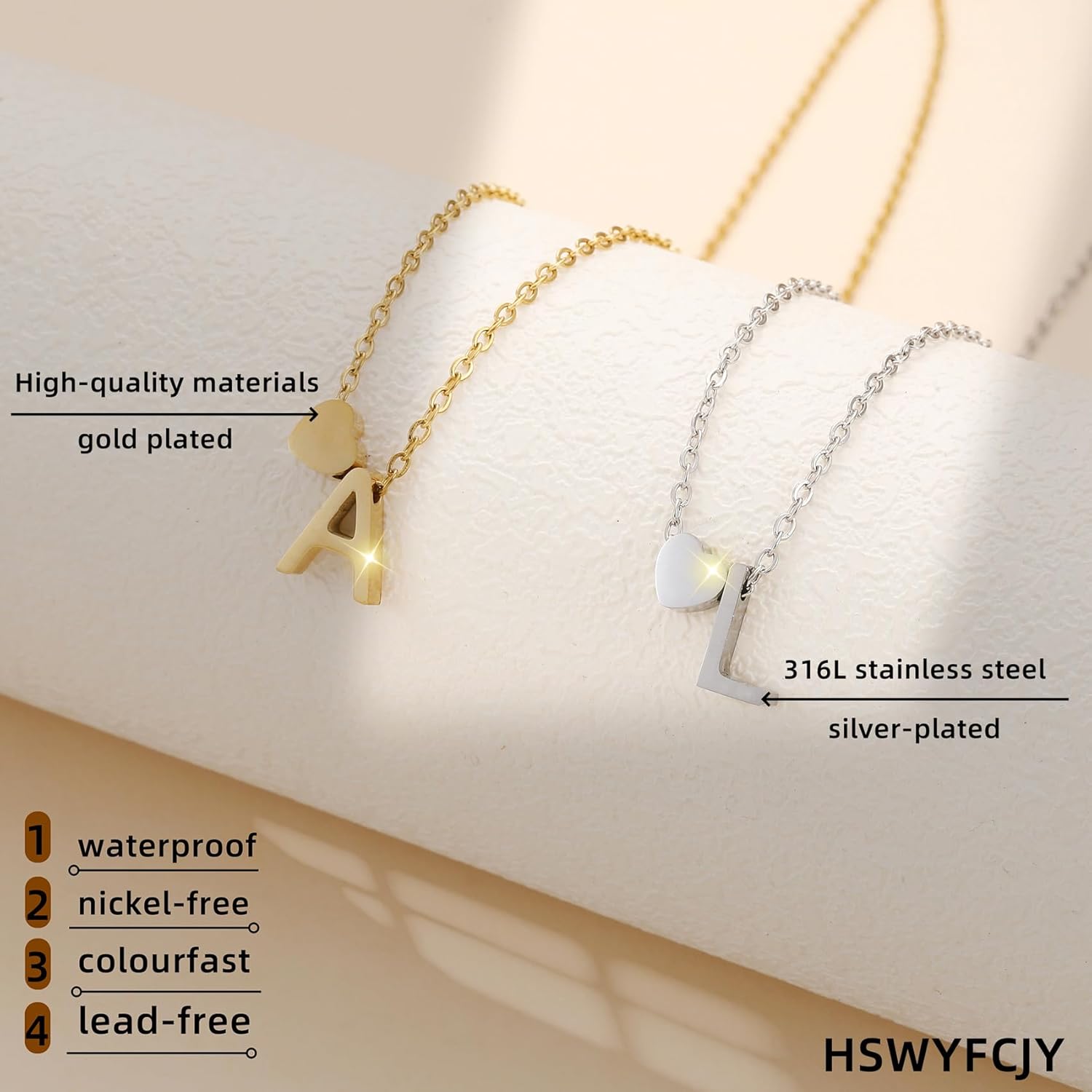 Thumbnail 5 de HSWYFCJY Halskette Damen Silber Gold Herz mit Initialen – 316L Edelstahl, verstellbar 45+5 cm