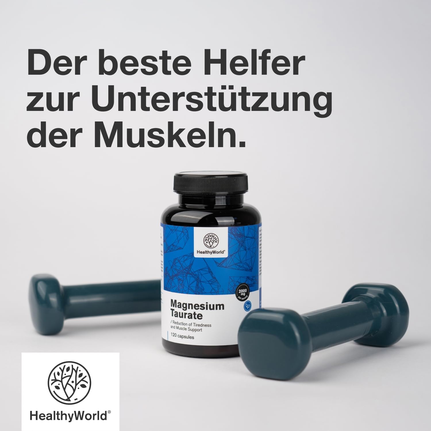 Detalle de HealthyWorld Magnesium Taurat 2000 mg – Pflanzliche Kapseln, 120 Stück