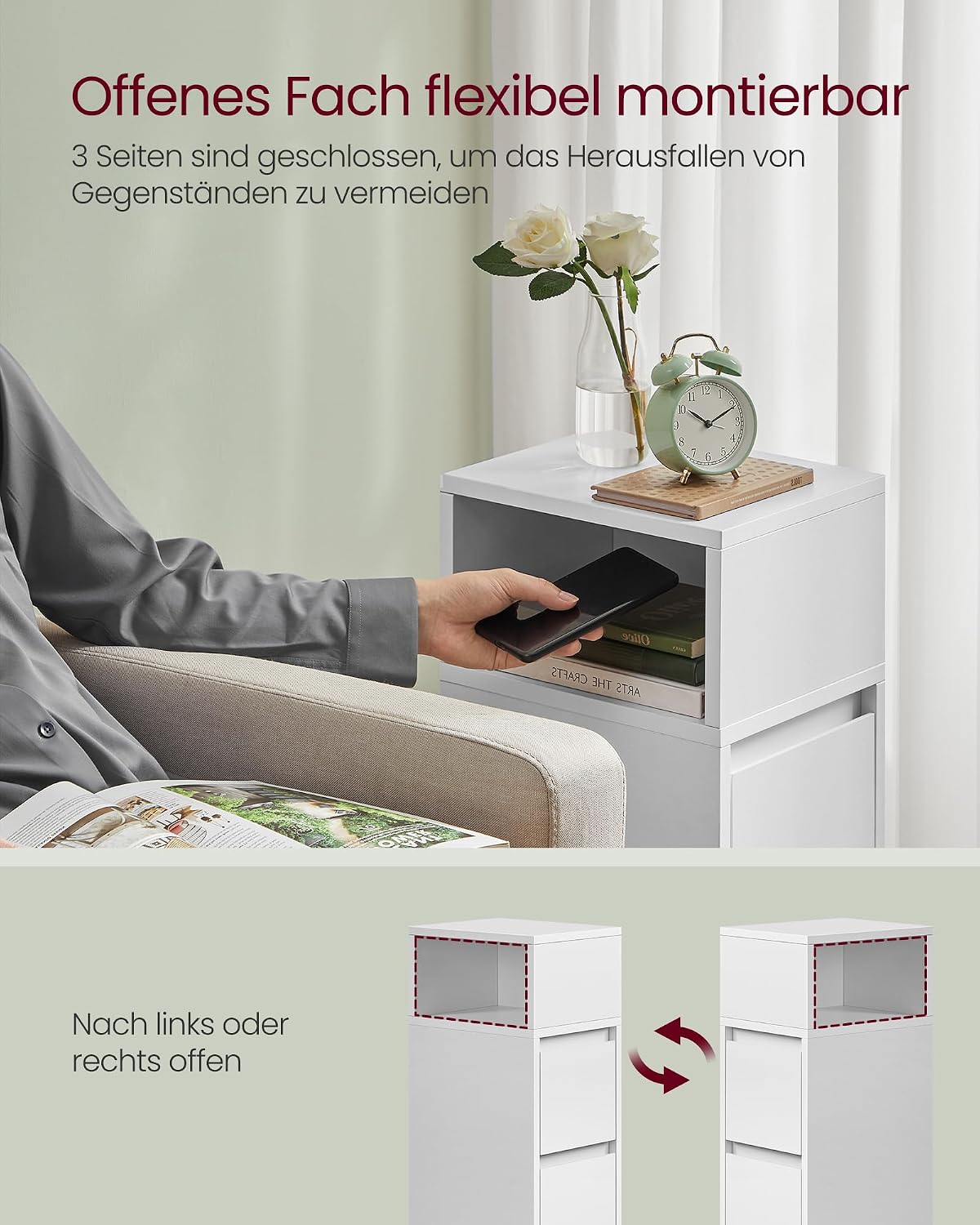 Thumbnail 3 de VASAGLE Nachtischschrank schmal mit 2 Schubladen, flexibles offenes Fach links/rechts – wolkenweiß LET656W01