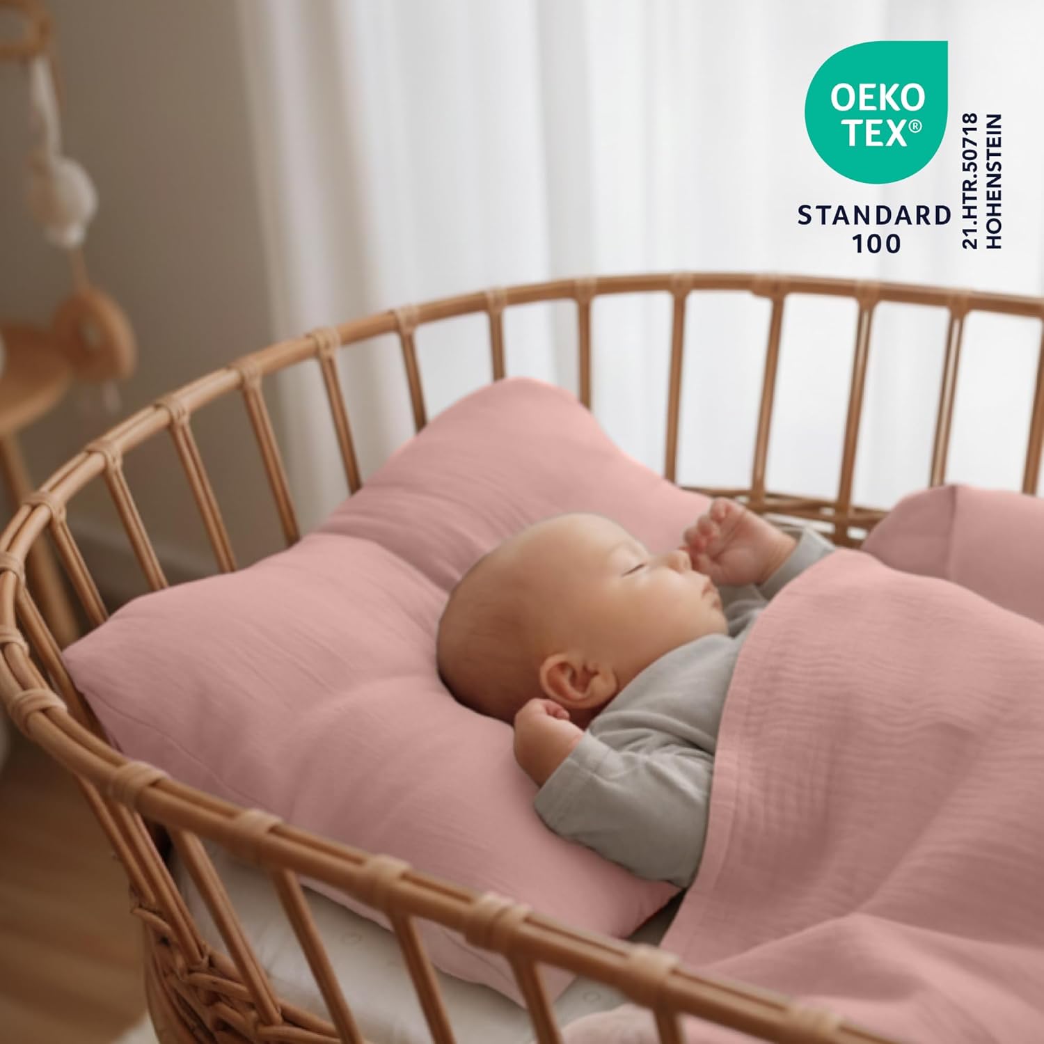 Detalle de Dreamzie Baby Bettwäsche Musselin 80x80 cm + Kissenbezug 35x40 cm – 100% Baumwolle, OEKO-TEX, Rosa