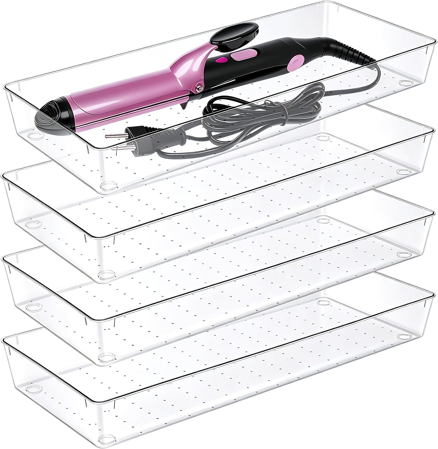 Detalle de Manalete 4 Pack 15" x 6" Extra Large Clear Plastic Drawer Organizer Trays