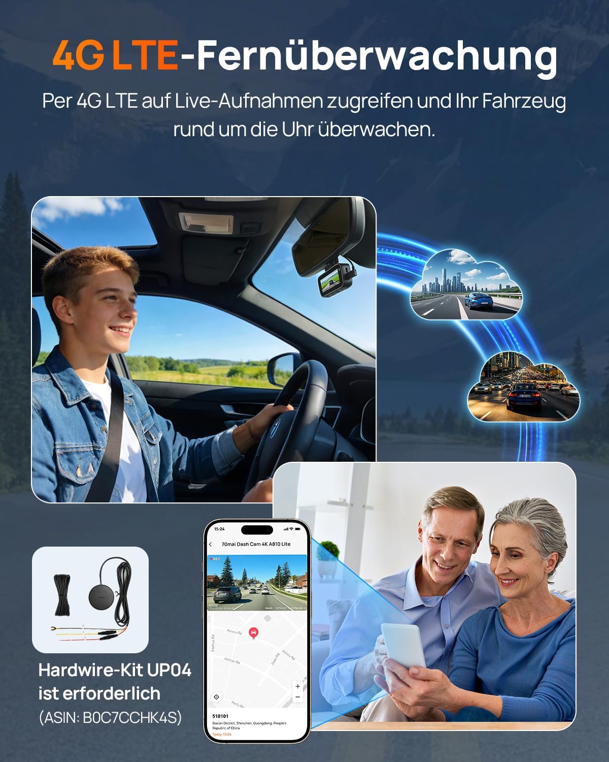 Detalle de 70mai A810 Lite Dual-Dashcam – 4K vorne / 1080P hinten mit 64GB, 4G LTE & Nachtmodus HDR