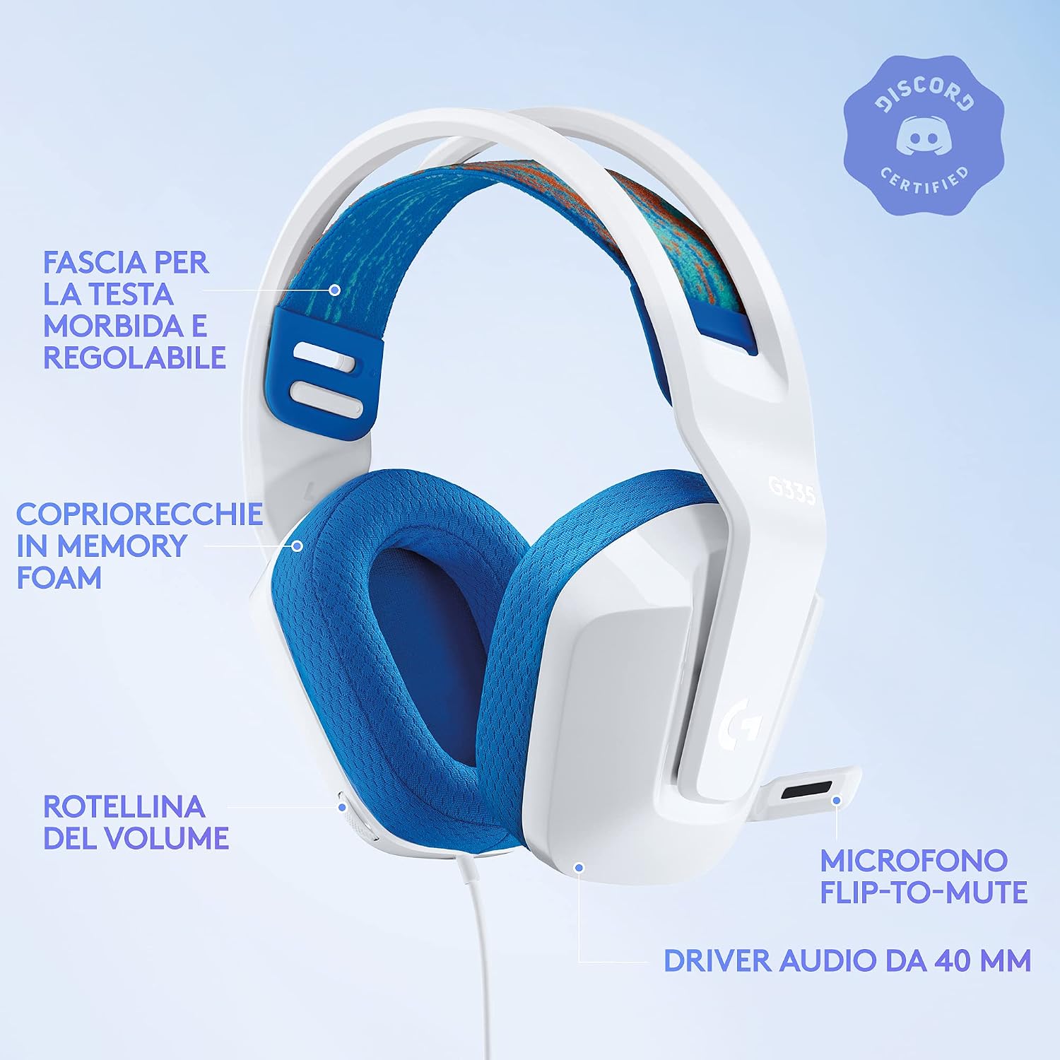 Detalle 2 de Logitech G335: cuffie gaming cablate da 3,5 mm, bianco, comfort memory foam e microfono flip-to-mute