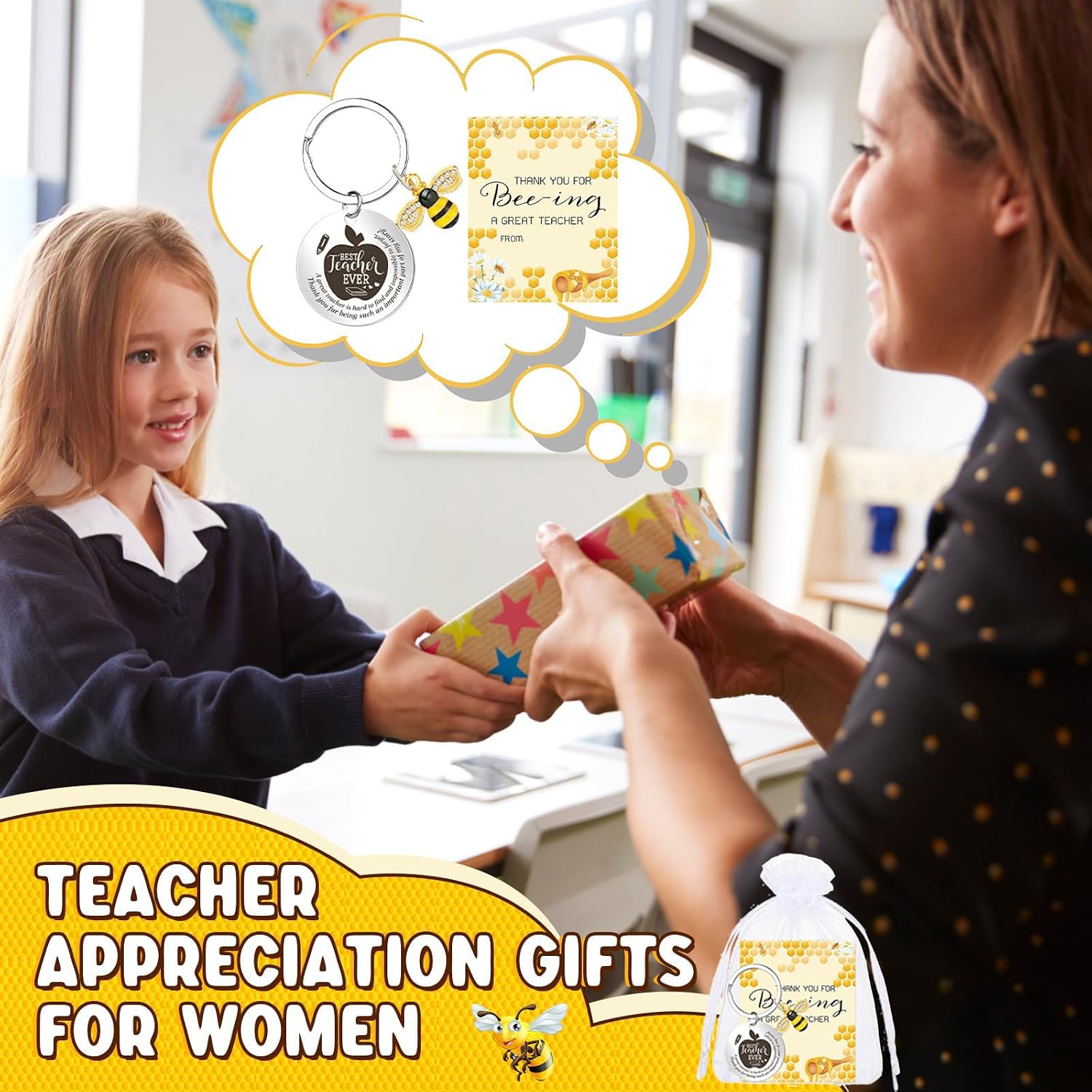Detalle de Johiux 12‑Piece Teacher Appreciation Gift Set with Bee Keyrings, Cards and Organza Pouches