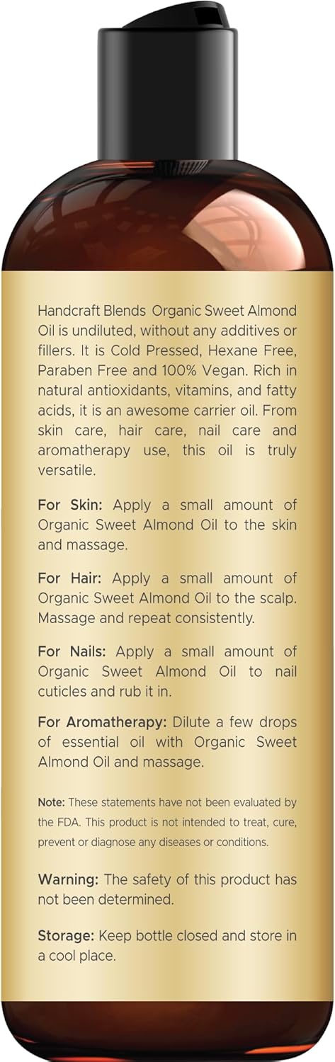 Detalle 2 de Handcraft Blends Organic Sweet Almond Oil (8 fl oz) — 100% Pure Carrier Oil for Skin, Hair & Massage
