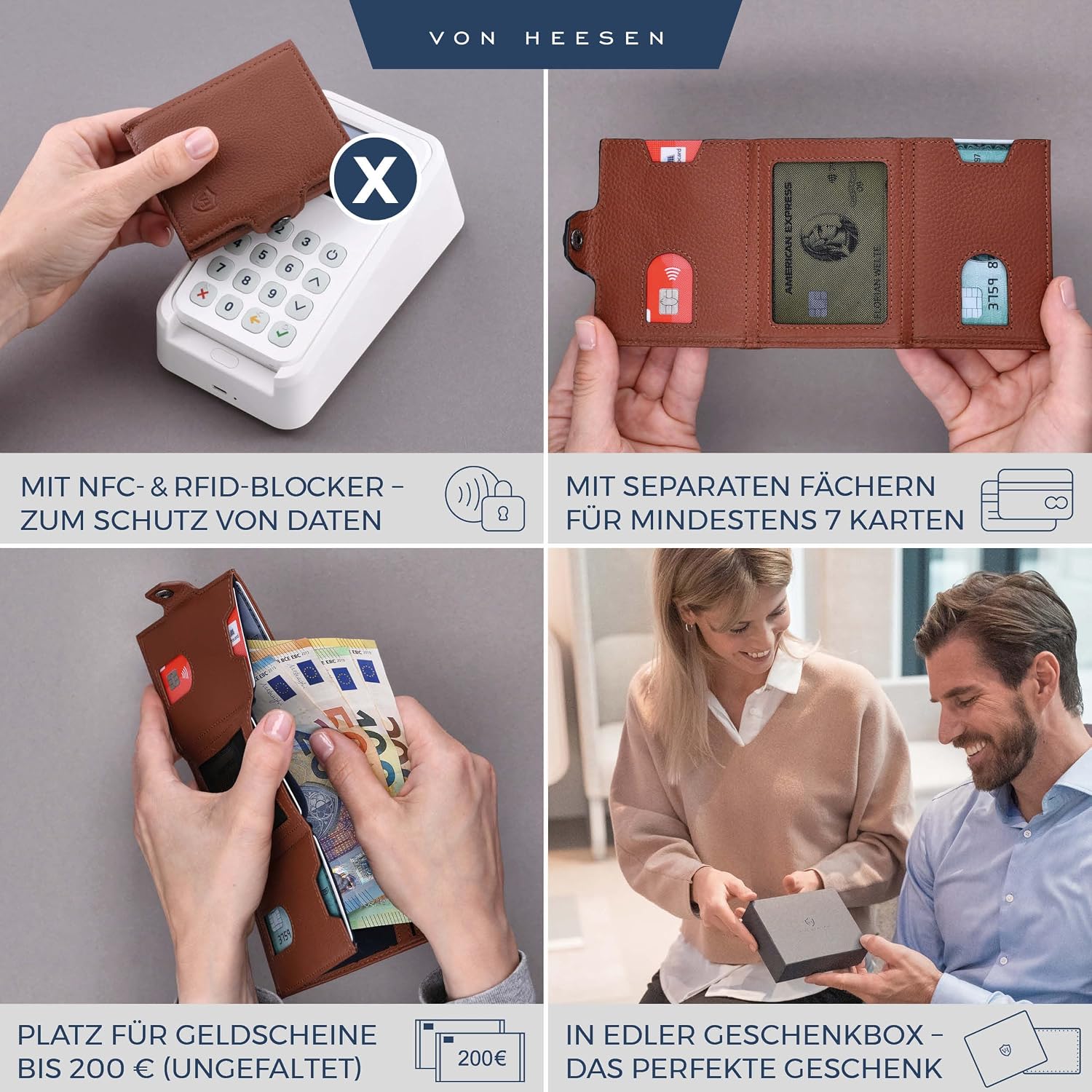 Thumbnail 1 de VON HEESEN Slim Wallet mit RFID-Schutz & Münzfach — Geldbörse Cognac-Braun
