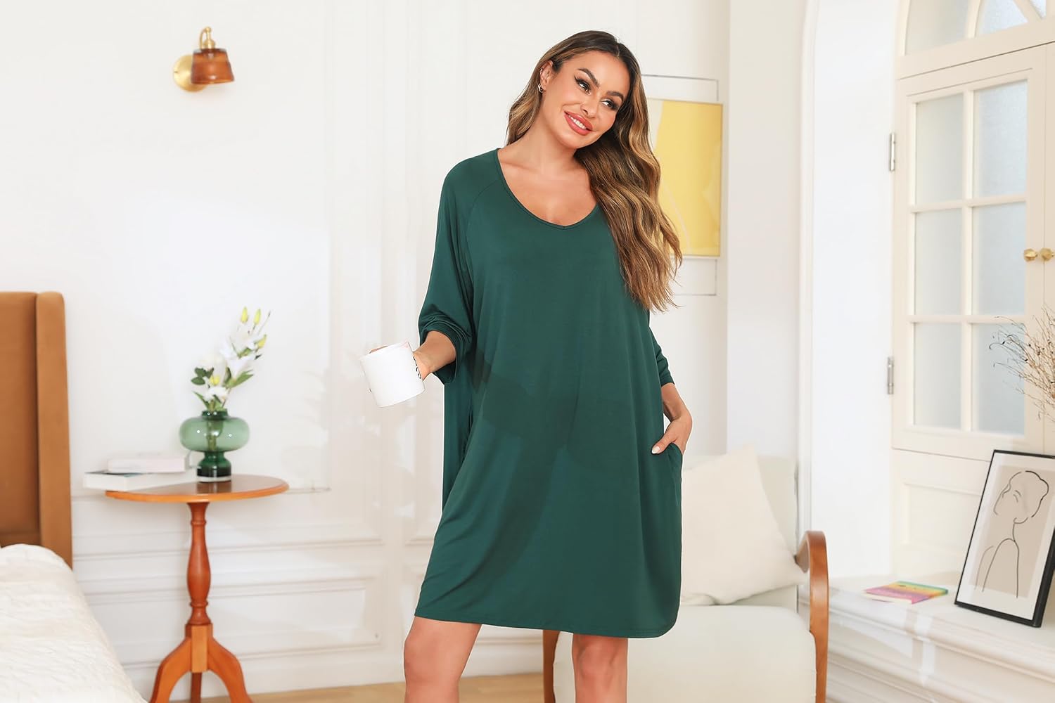 Detalle 2 de Bresdk chemise de nuit femme manches 3/4 en coton modal et élasthanne (grande taille, grossesse)