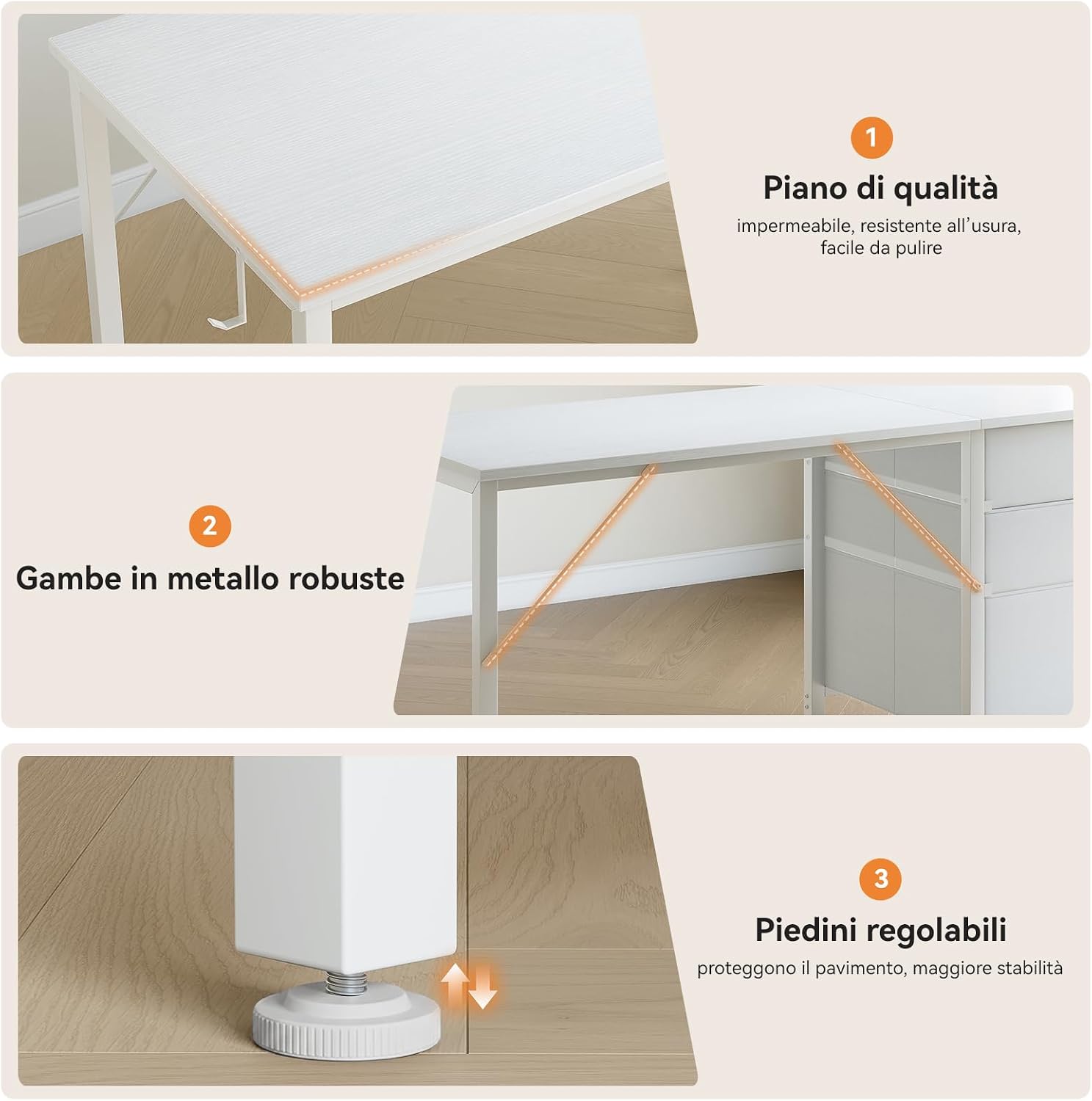 Thumbnail 6 de Coleshome Scrivania con 3 cassetti in tessuto, 120x48 cm – Tavolo reversibile bianco con portacuffie