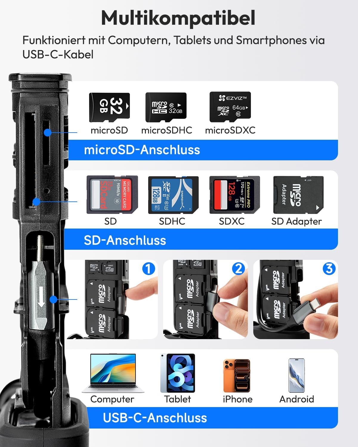 Detalle de Rollei 2 in 1 Travel Kartenlesegerät & Etui – USB-C 3.2 OTG mit Speicherstaurausgleich