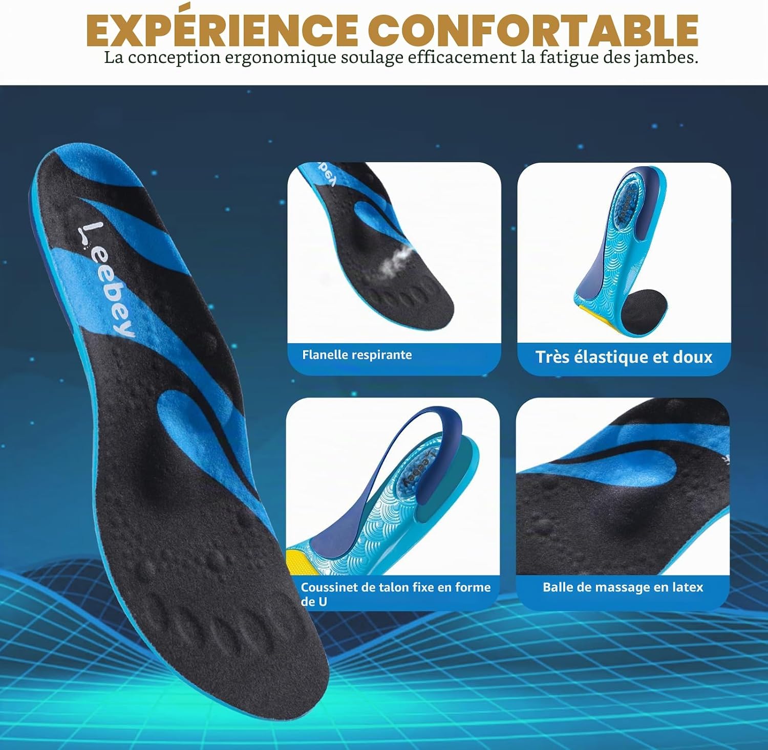 Detalle de Leebey Semelles Orthopédiques – Soutien de la voûte plantaire, confort universel (bleu, EU 35-36)