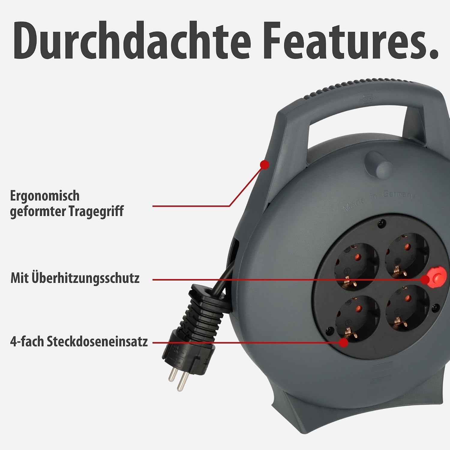 Detalle de Brennenstuhl Vario Line Kabelbox 4-fach / Mini-Kabeltrommel Indoor, 10 m Kabel, anthrazit