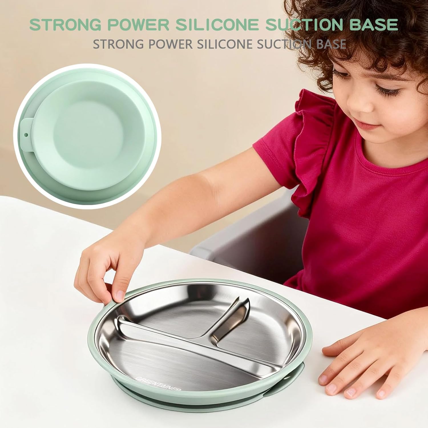 Thumbnail 2 de Greentainer 3 Pack Stainless Steel Plate with Suction Base (BPA-Free) – Divided Toddler Feeding Set for Baby-Led Weaning
