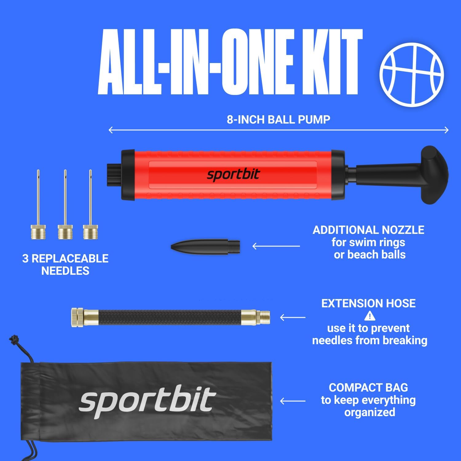Detalle 2 de SPORTBIT Basketball Pump, Red Plastic Hand Pump with Extension Hose and Ball Accessories