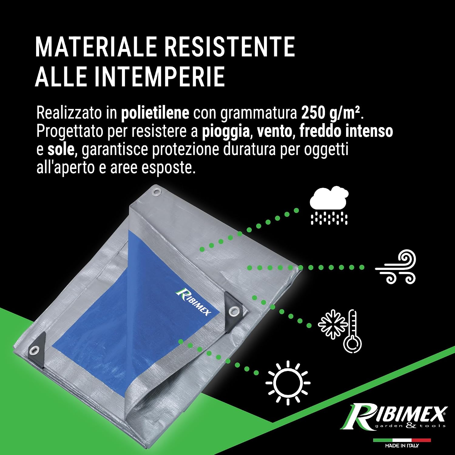 Detalle de Ribimex Telone Impermeabile per Esterno PRO 5x8 m – Protezione affidabile in polietilene 250 g/m² con occhielli in alluminio