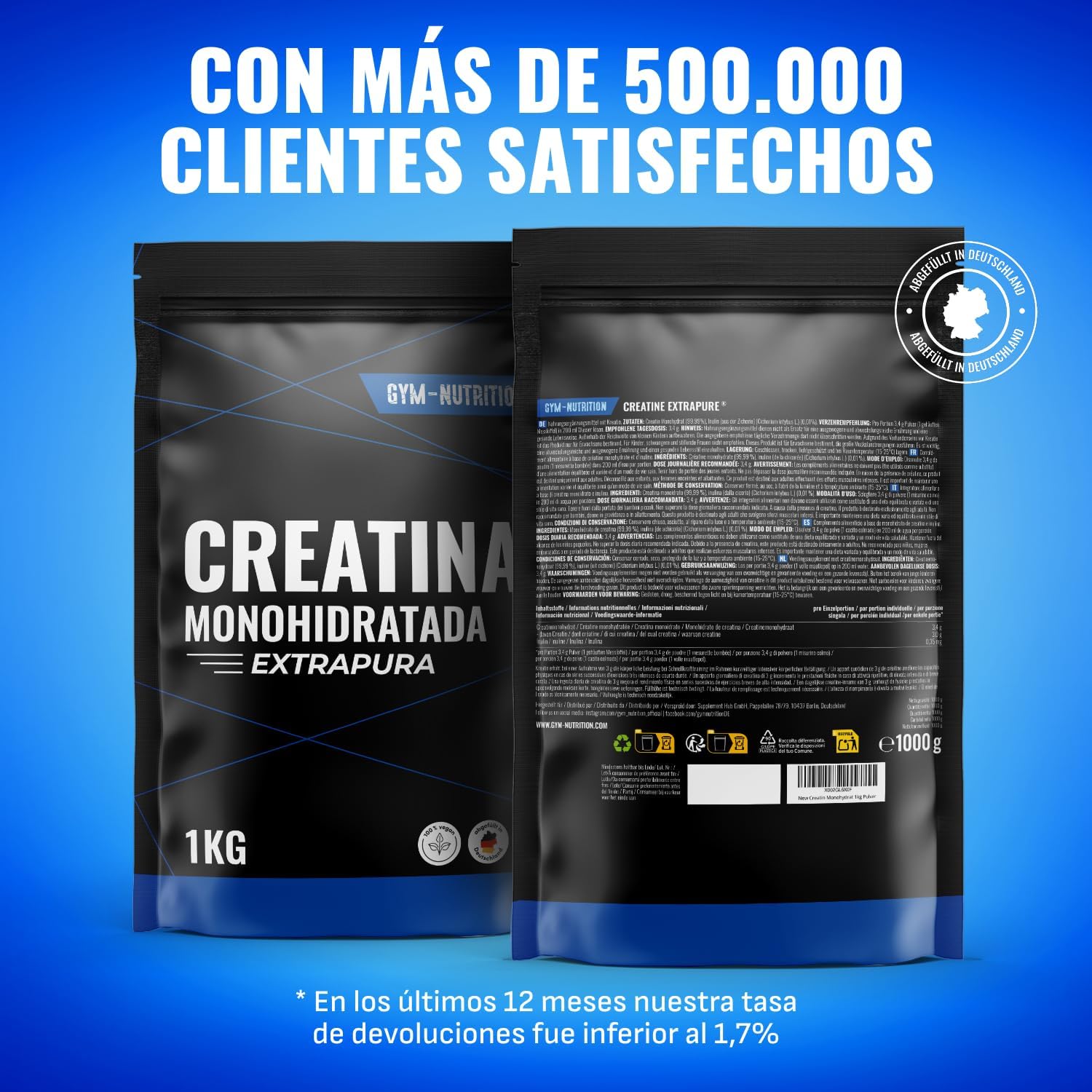 Detalle 2 de Gym Nutrition Creatina Monohidratada 1 kg en polvo sin sabor (100% vegana y de alta pureza)