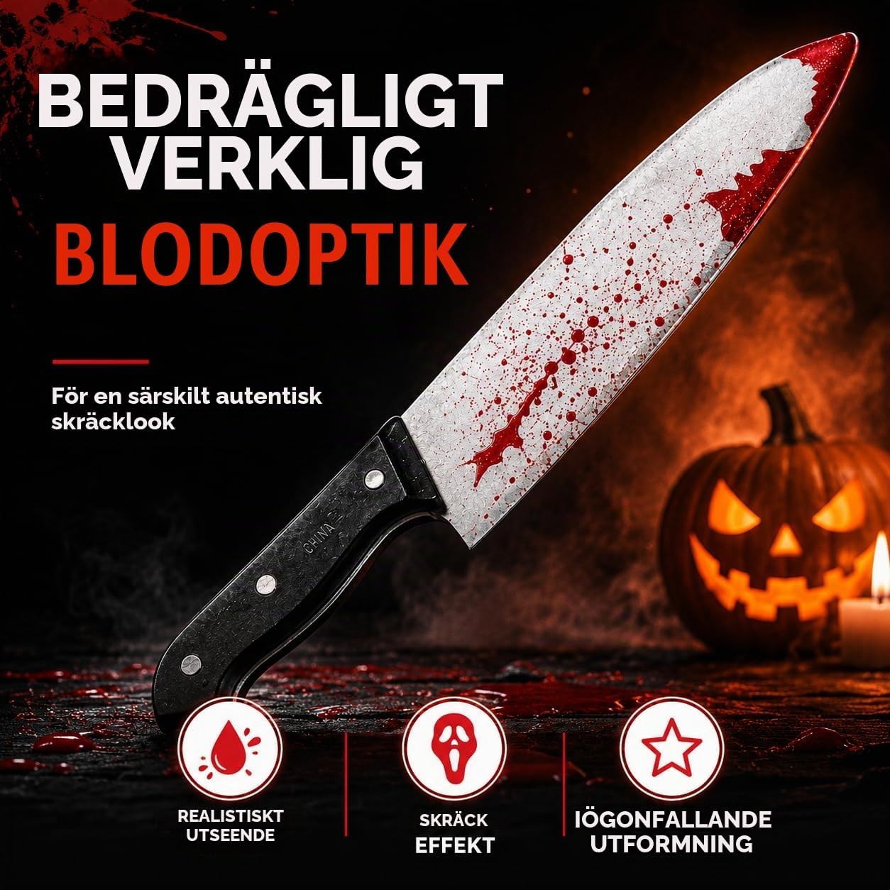 Thumbnail 3 de Costumed 6695K knivrekvisita i plast, ca 34 cm, med rött blodmönster