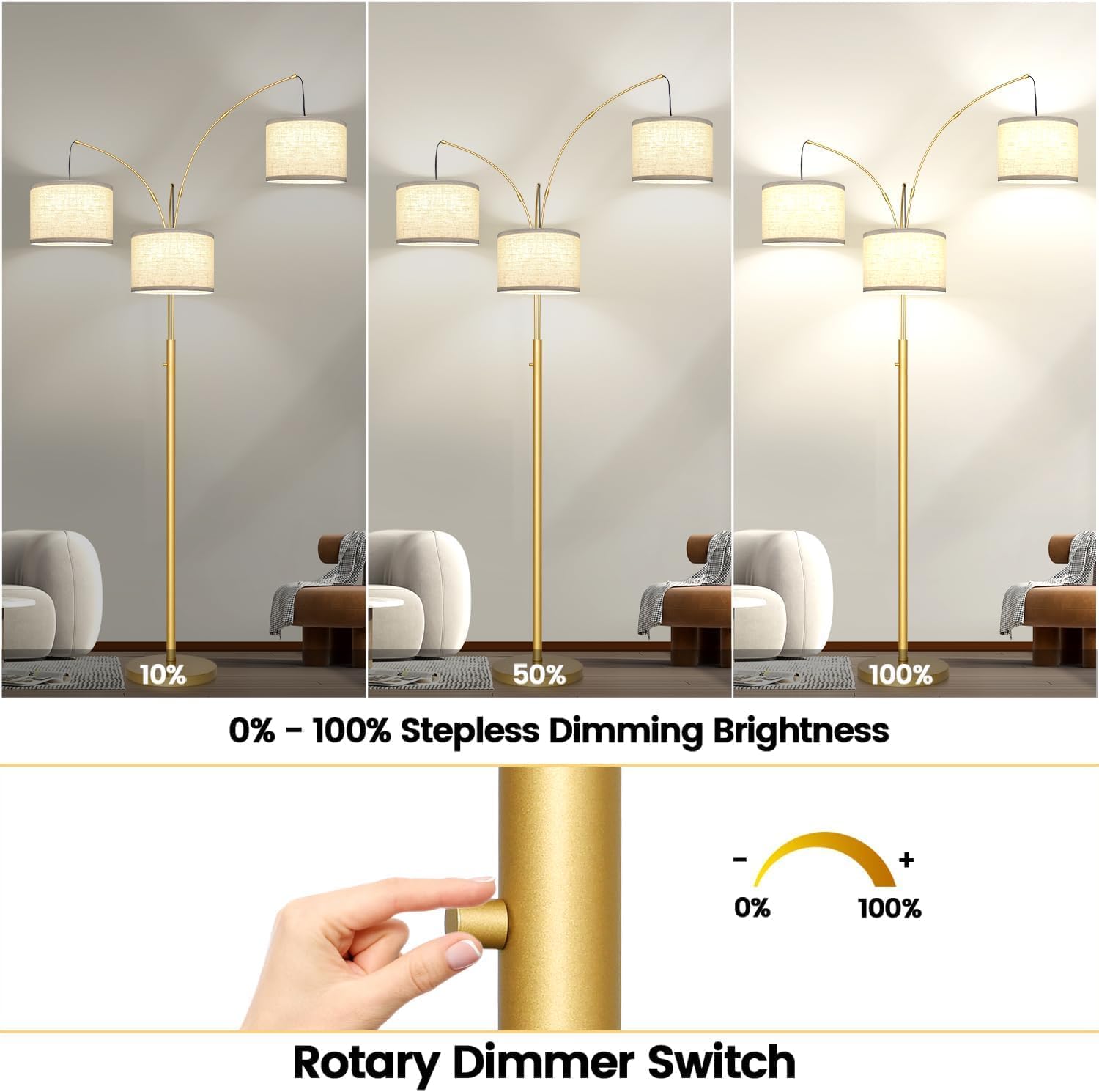 Thumbnail 2 de Nintiue F1378 Dimmable 3-Light Arc Floor Lamp, Gold with Linen Shades