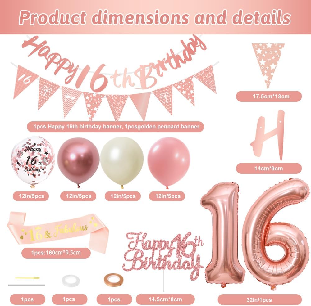 Thumbnail 1 de 16th Birthday Decorations Retro Pink Rose Gold set (Double Digits) – banner, pennant flags, cake topper & balloon assortment