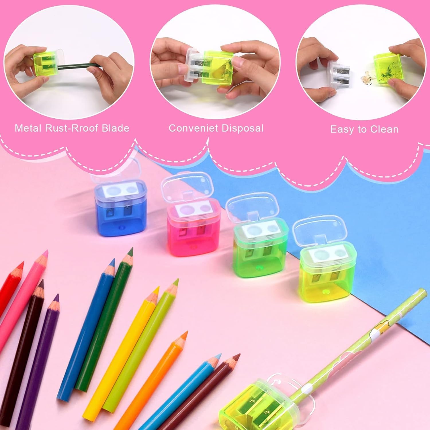 Thumbnail 2 de Manual Pencil Sharpeners Dual Hole - Coideal 8 Pack Small Canister Sharpener Coloured Handheld Double-Hole with Cover for Kids School Students