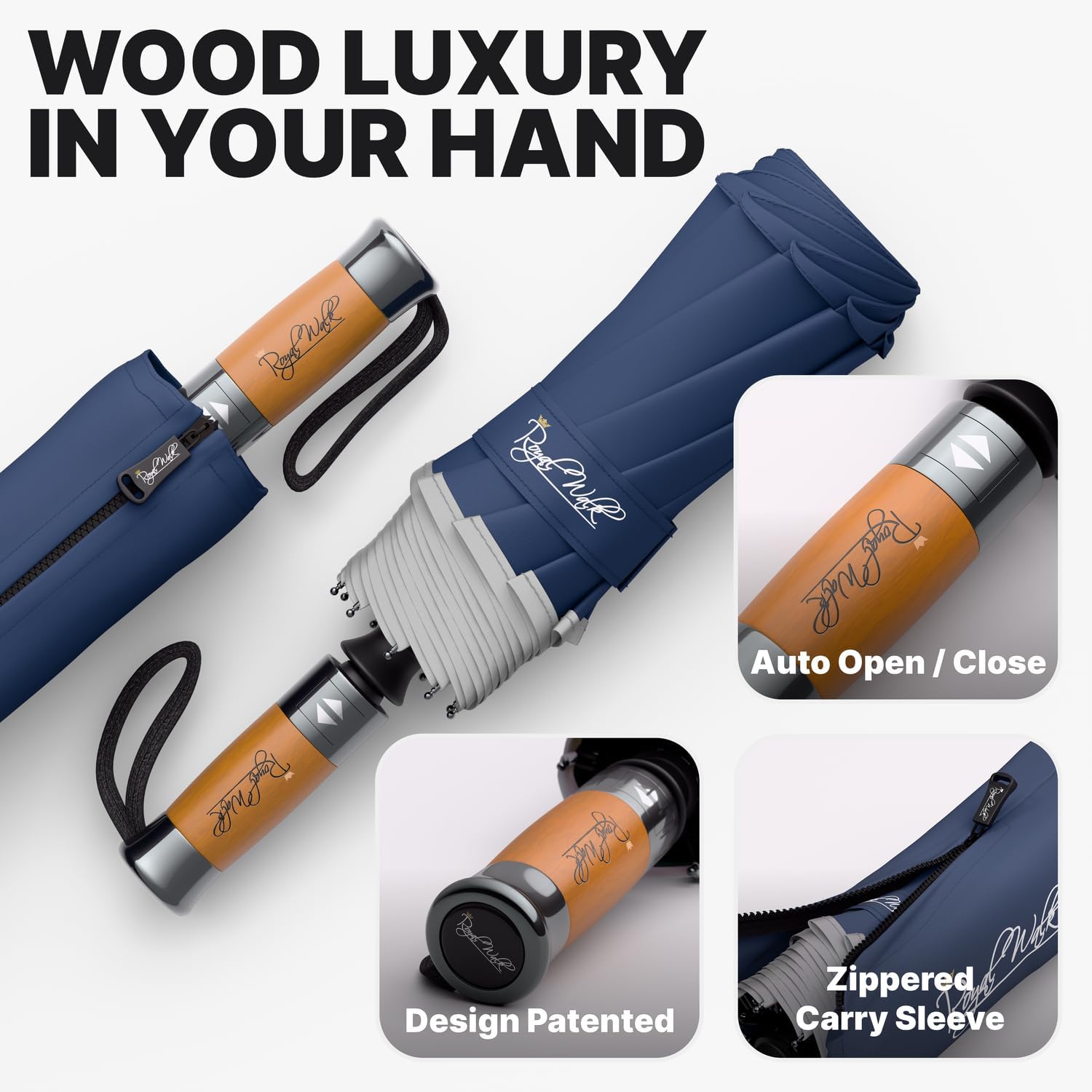 Thumbnail 2 de Royal Walk Windproof Folding Travel Umbrella with Vented Double Canopy and Real Wood Handle (Dark Blue)