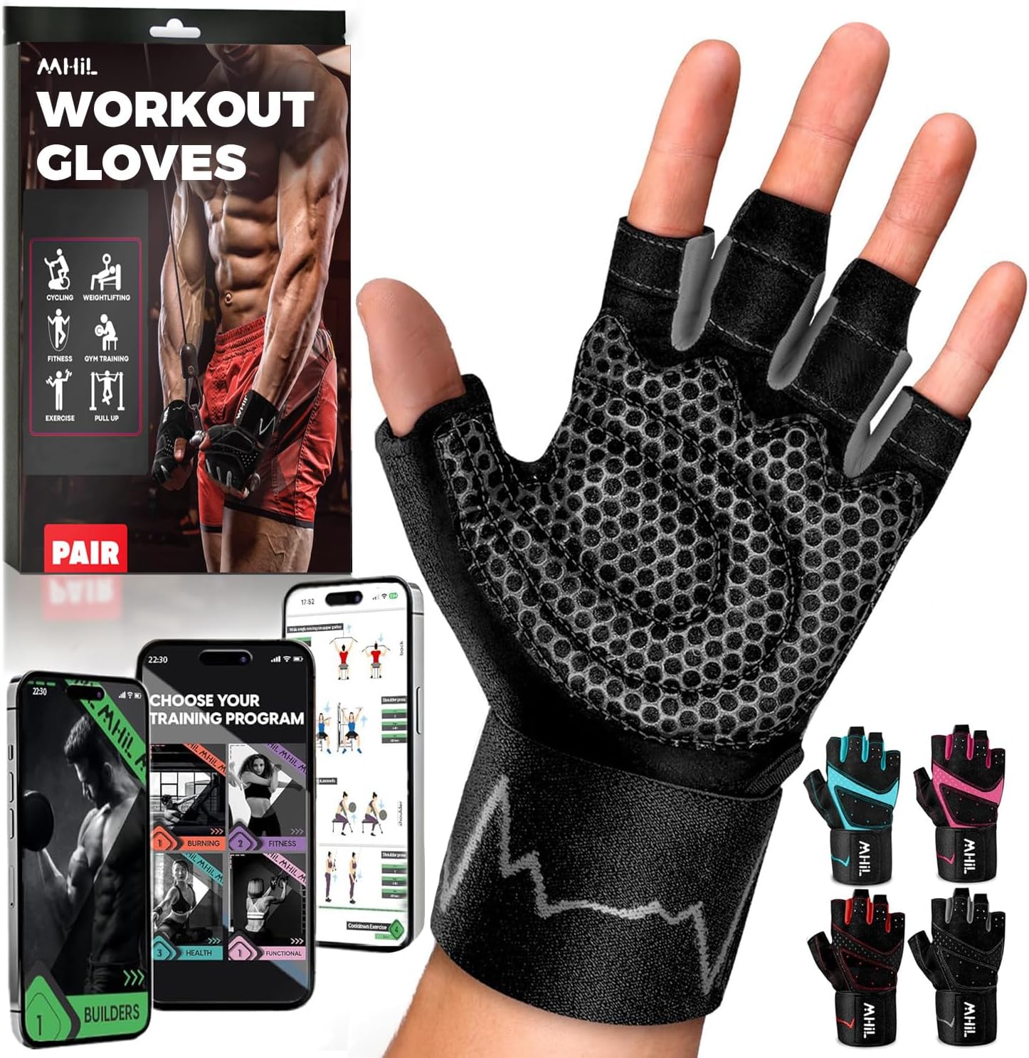 Detalle de MhIL Workout Gloves for Men, Fingerless with Silicone Grip and Wrist Wraps
