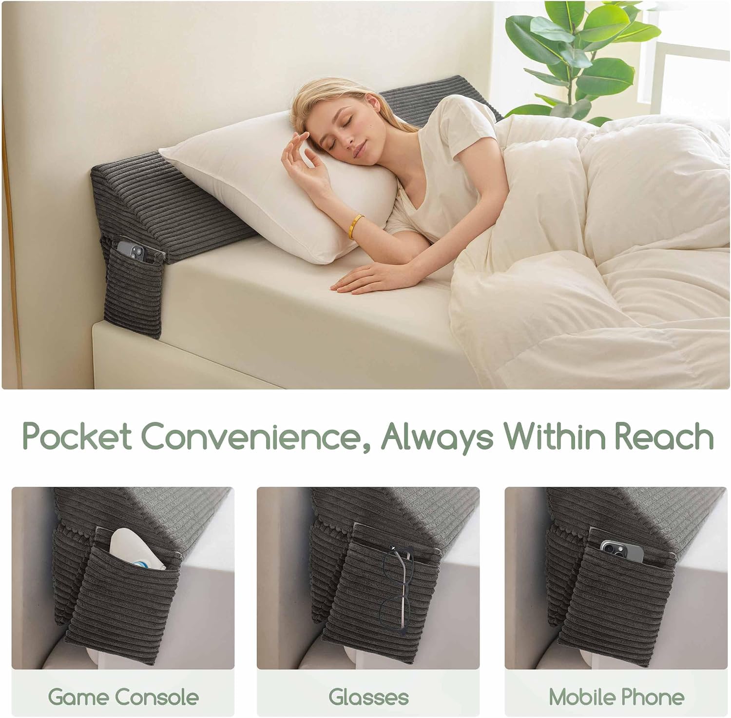 Detalle 2 de HIGOGOGO WP King Size Bed Wedge Pillow, Grey Corduroy, 0–7-inch Gap Filler