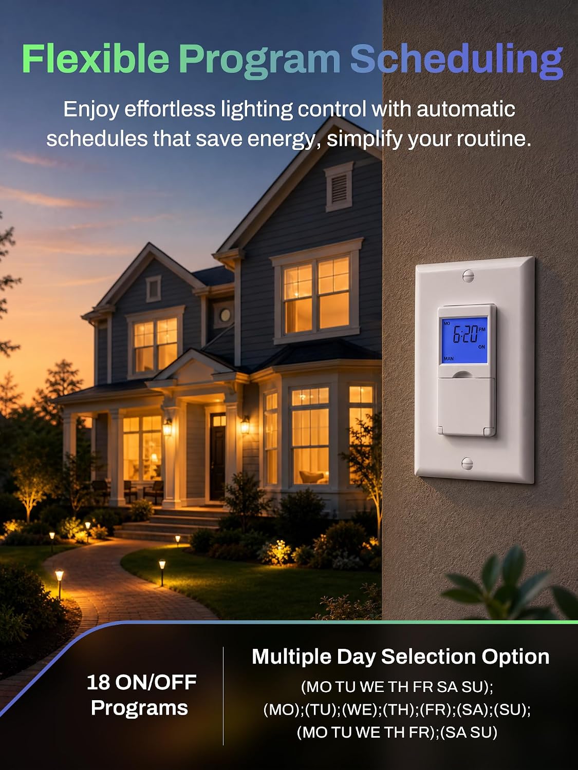 Detalle 1 de BN-LINK 7-Day Astronomical In-Wall Timer Switch, 18 Programs, Blue Backlight