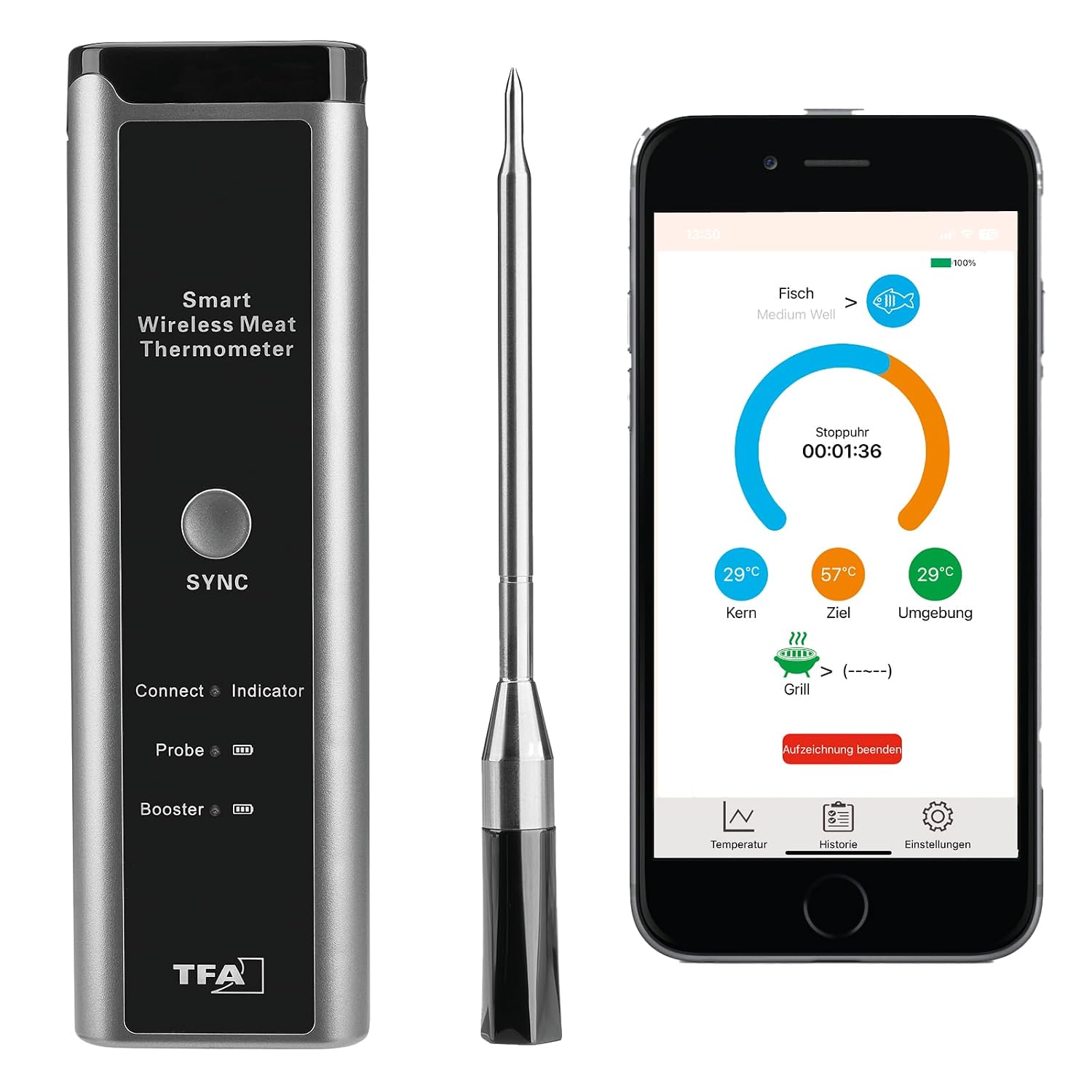 Detalle de TFA Dostmann 14.1515.10 draadloze vleesthermometer met app en 70 m bereik