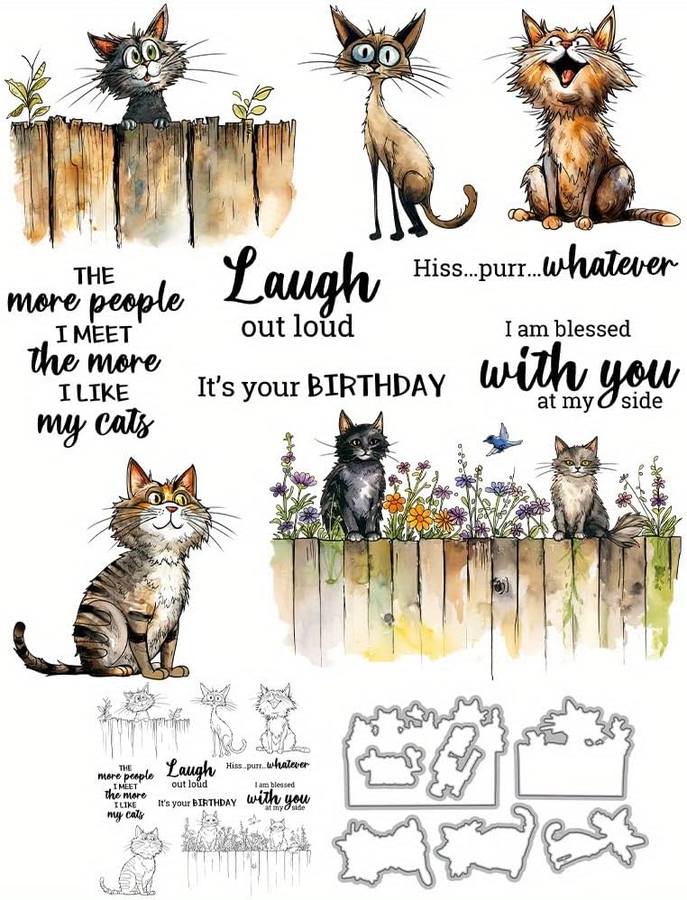 Detalle 2 de LZBRDY Cute Whimsical Cats, Mice & Flowers Cutting Dies with Silicone Stamp