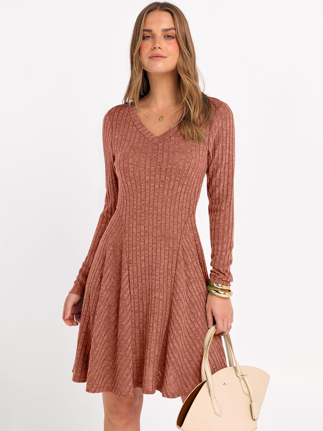 Thumbnail 5 de ANRABESS Knit Short Dress for Women, V-Neck, Long Sleeve, A-Line