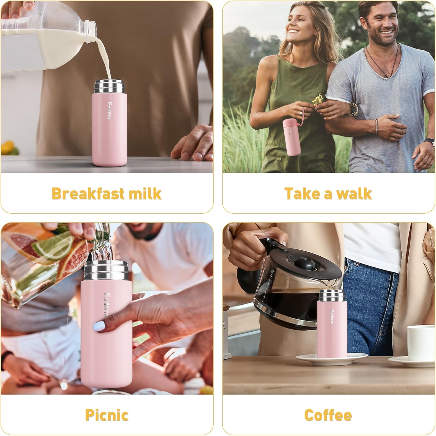 Detalle de Exllena Small Flask 150ml – 304 Stainless Steel, Double‑Wall Vacuum Insulation, Leakproof with Carry Handle (Pink)