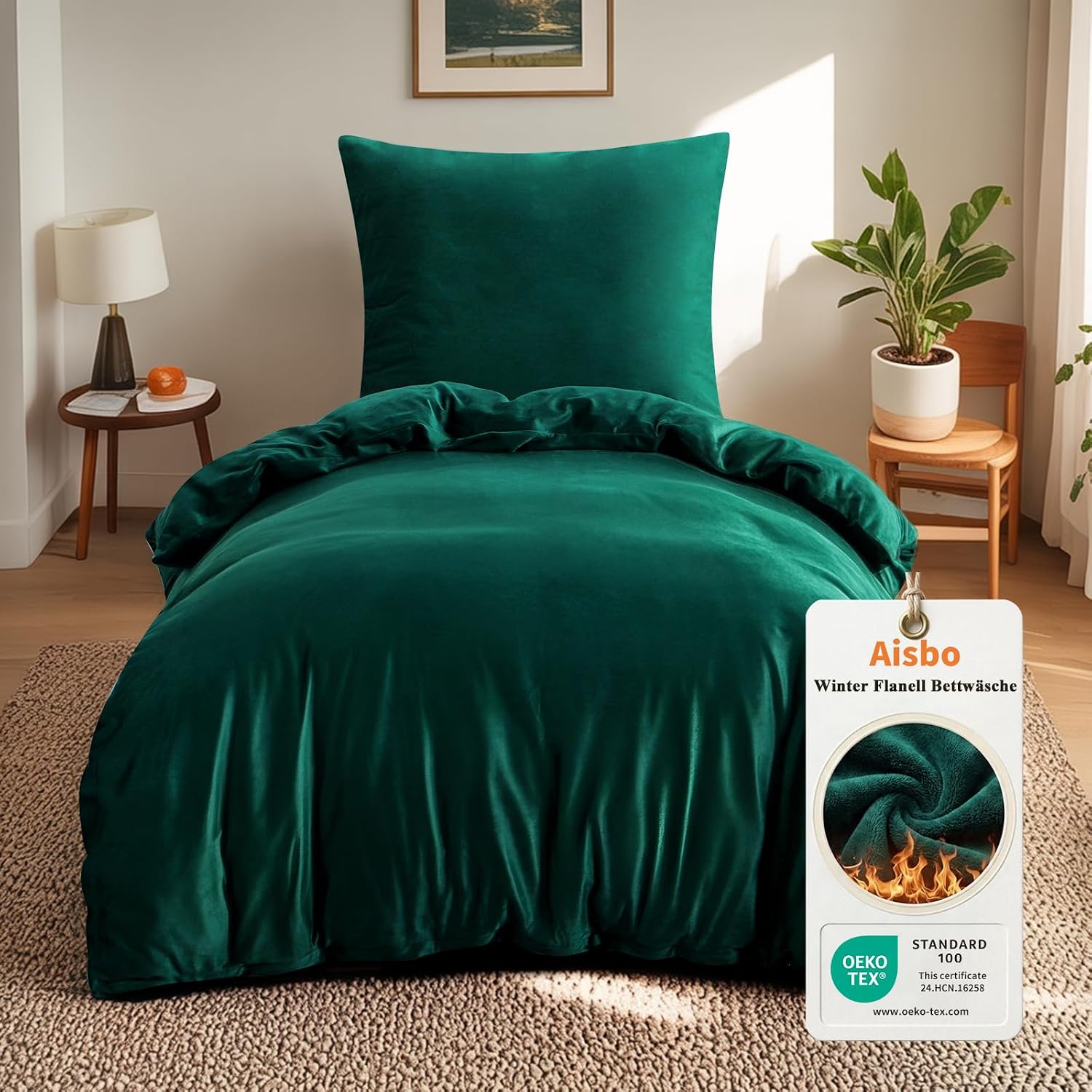 Detalle de Aisbo pluchen winterbeddengoed 155 x 220 cm, donkergroen met ritssluiting