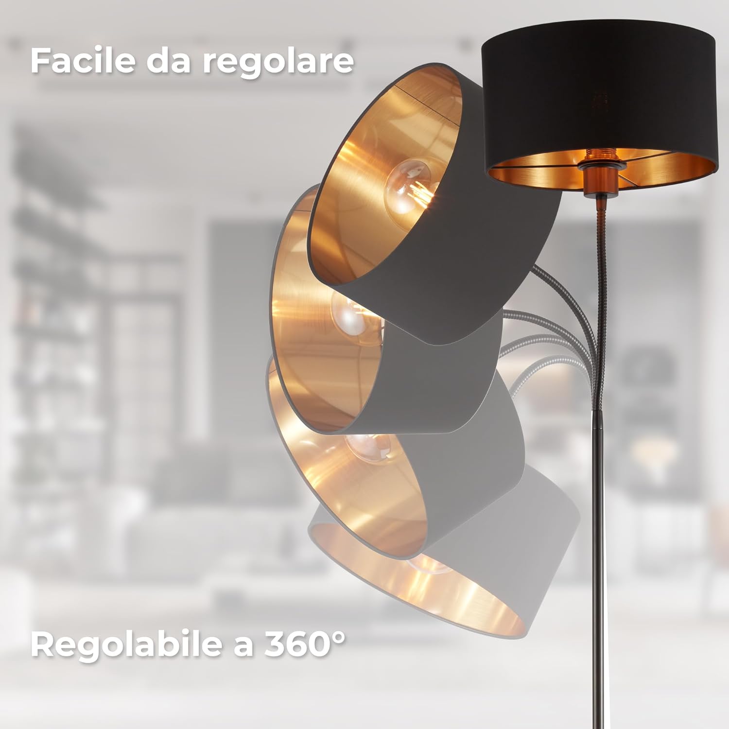 Thumbnail 2 de B.K.Licht Lampada da terra con paralume orientabile nero-oro, attacco E27, piantana retro con interruttore a pedale