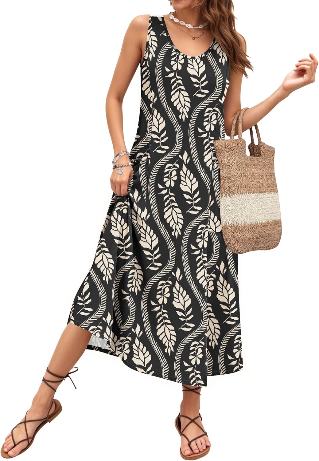 Detalle 2 de Robe longue femme été sans manches A-coupe décontractée avec poche – AUSELILY