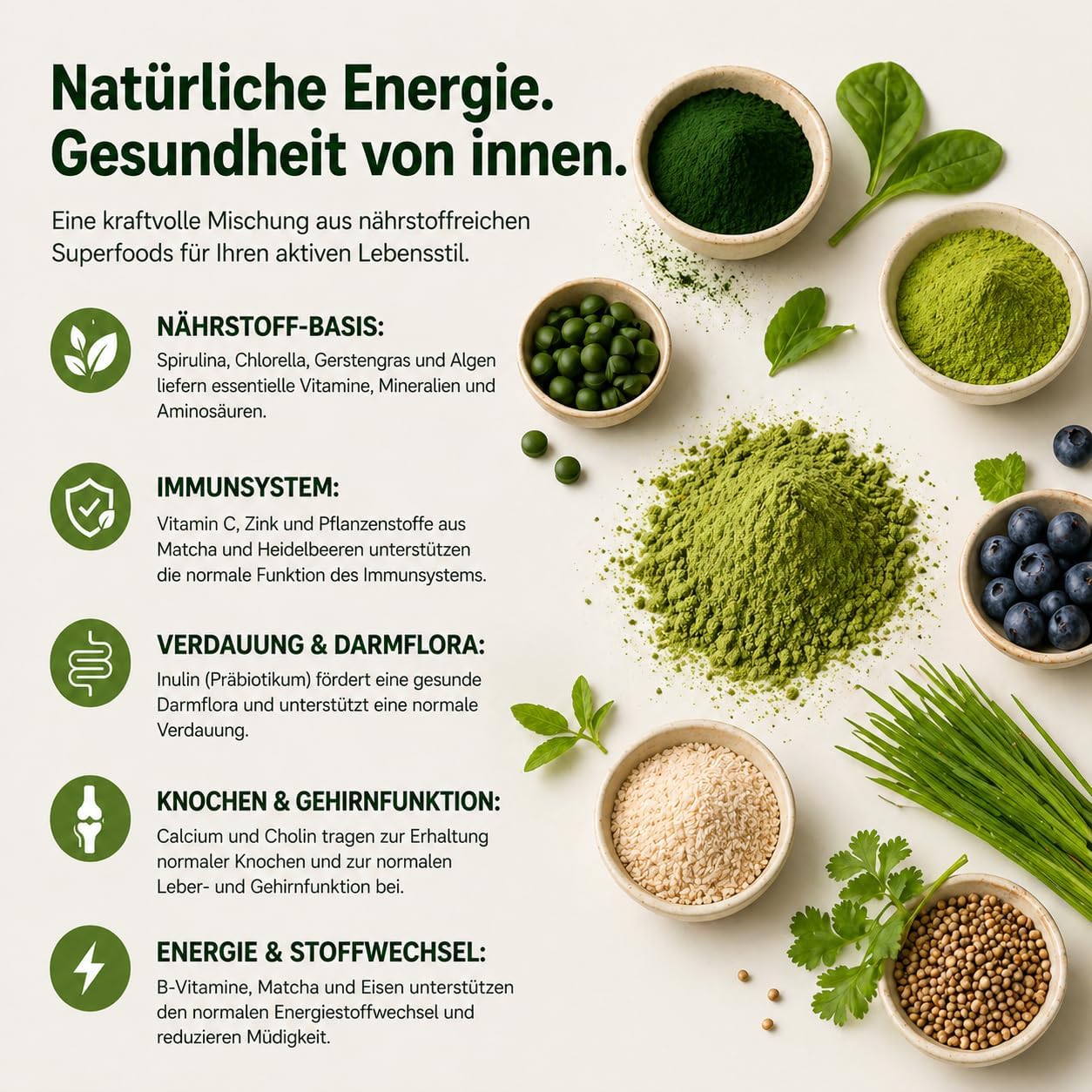Thumbnail 1 de Grüne Entgiftungspulver Helfer (200 g) mit Matcha, Gerstengras, Spirulina & Chlorella – Pflanzenpulver mit Heidelbeere