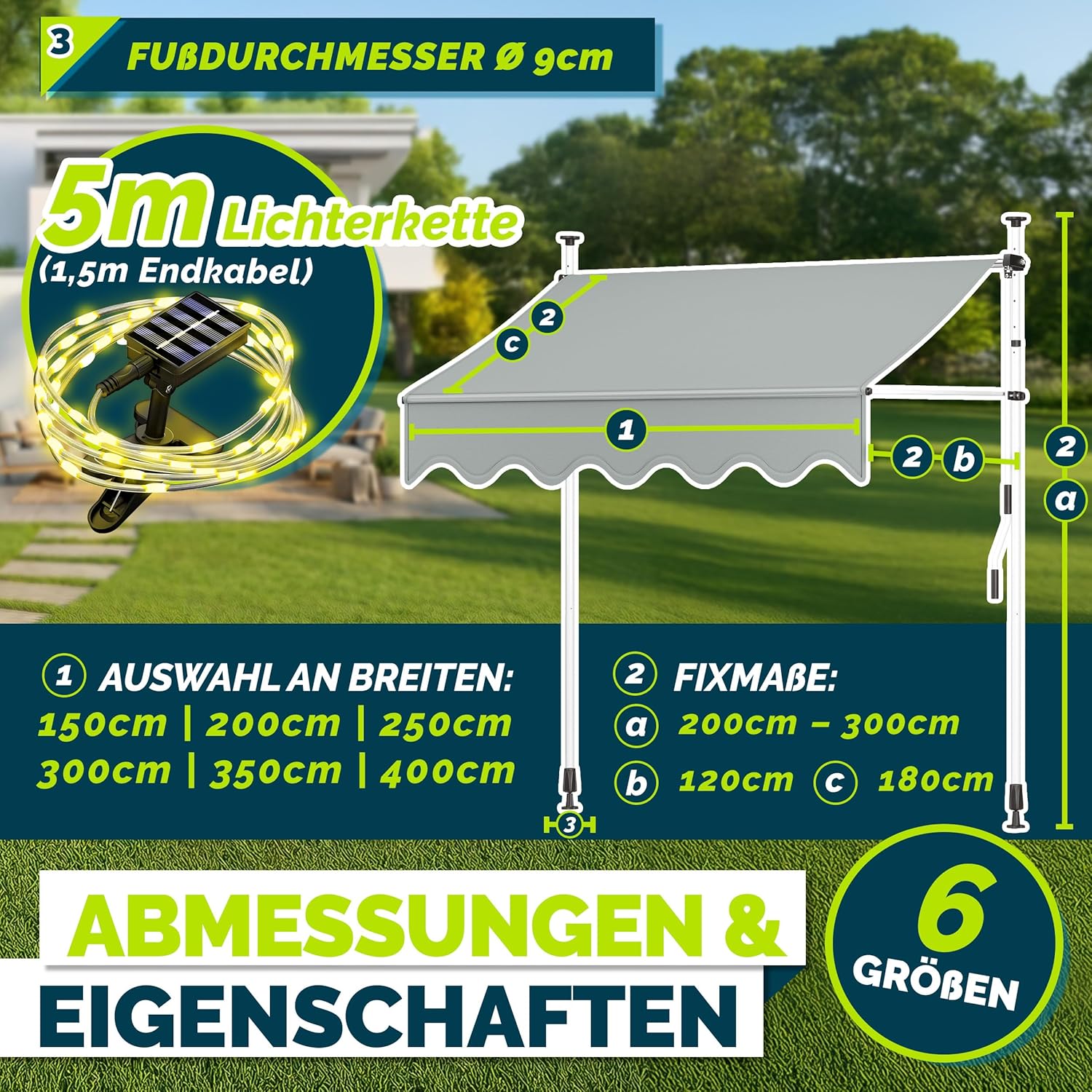 Thumbnail 5 de tillvex Klemmmarkise mit Handkurbel und LED-Lichterkette (ohne Bohren) für Balkon & Terrasse – Hellgrau, 400 cm